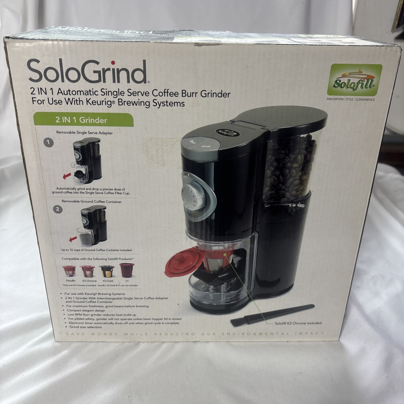 New! Solofill SoloGrind 2-in-1 Automatic Single Serve Coffee Burr Grinder Keurig