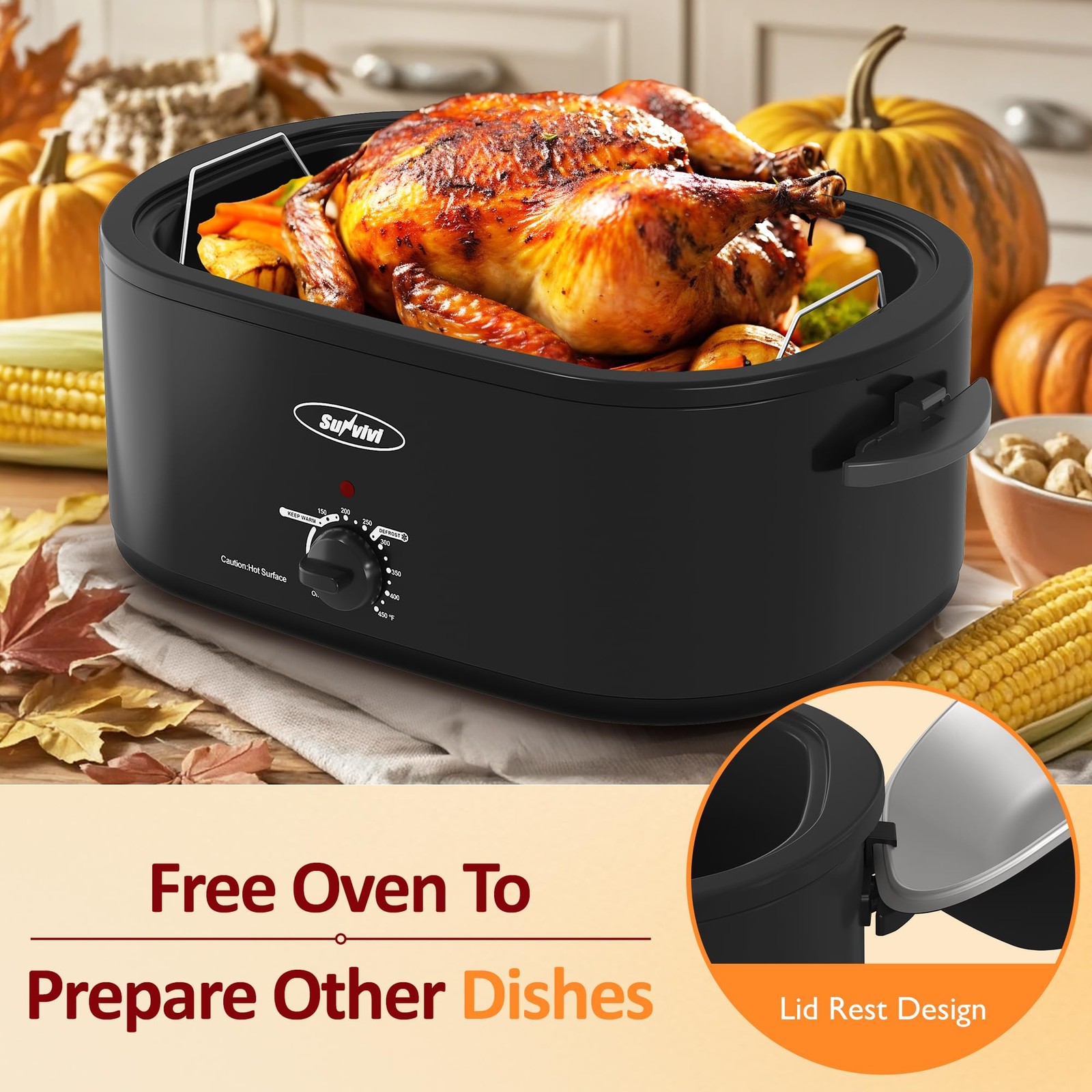 Sunvivi Electric Roaster Oven28 Quart Roasting Oven Self-Basting Lid Removable