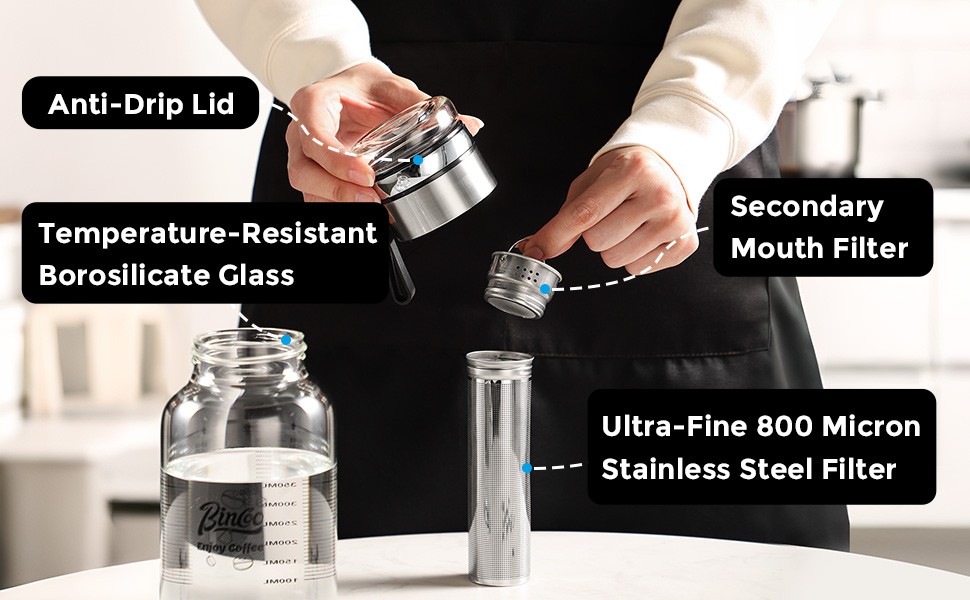 Glass Cold Brew Coffee Maker with Extended Fine Mesh , Tea