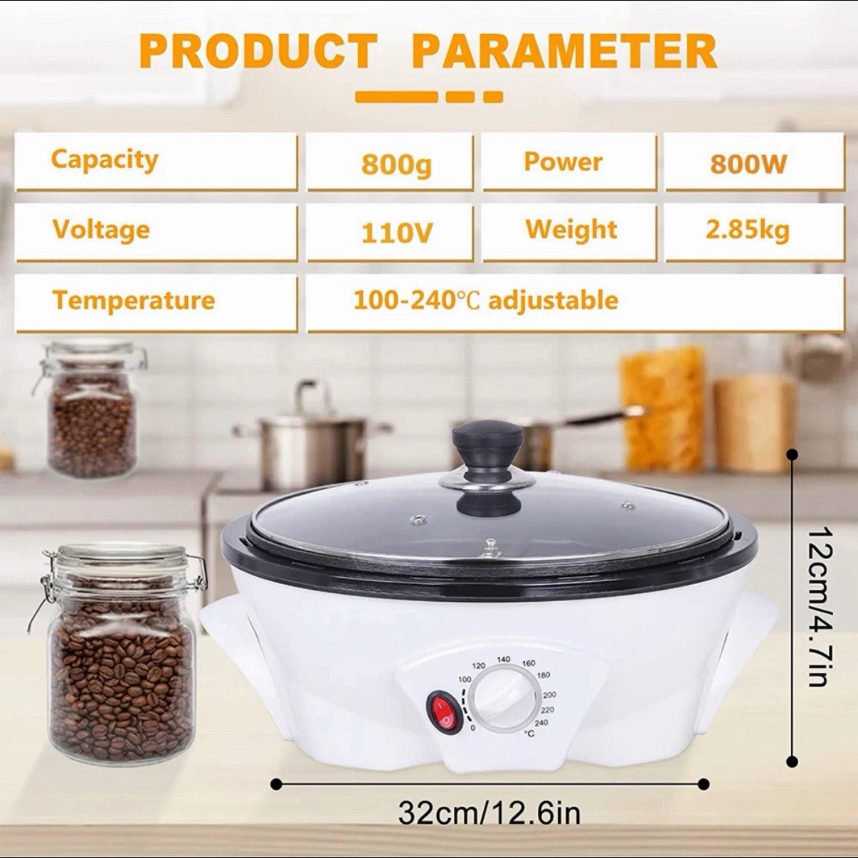 110V Electric Coffee Roaster Machine 800g Coffee Bean Roaster for Home Use NOB
