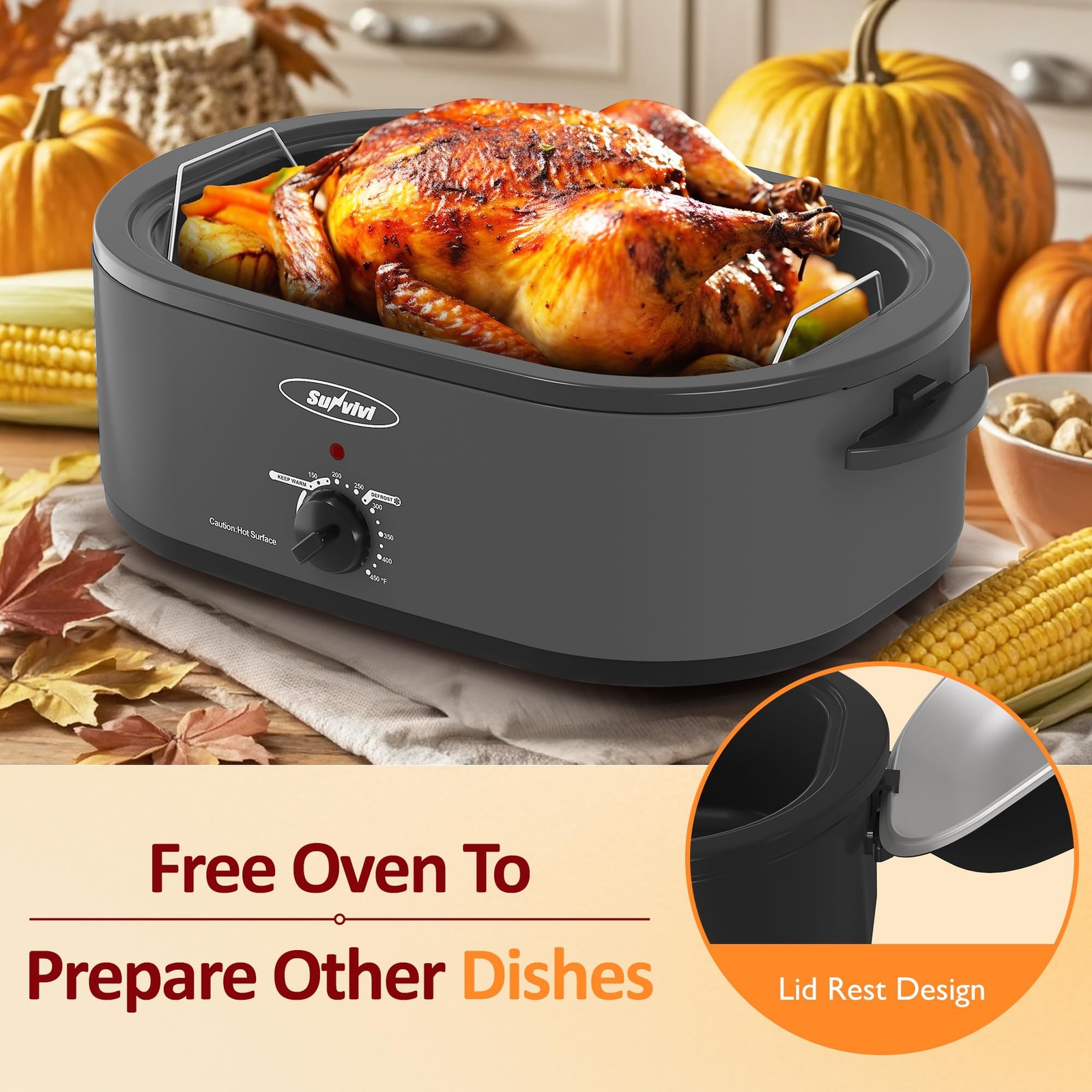 Sunvivi Electric Roaster20 Quart Roasting Oven Self-Basting Lid Removable
