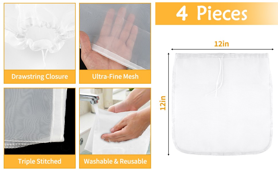 XL 4 Pcs Nut Milk Bag Reble, Grade 100, 12″ x 12″ Nut Bag