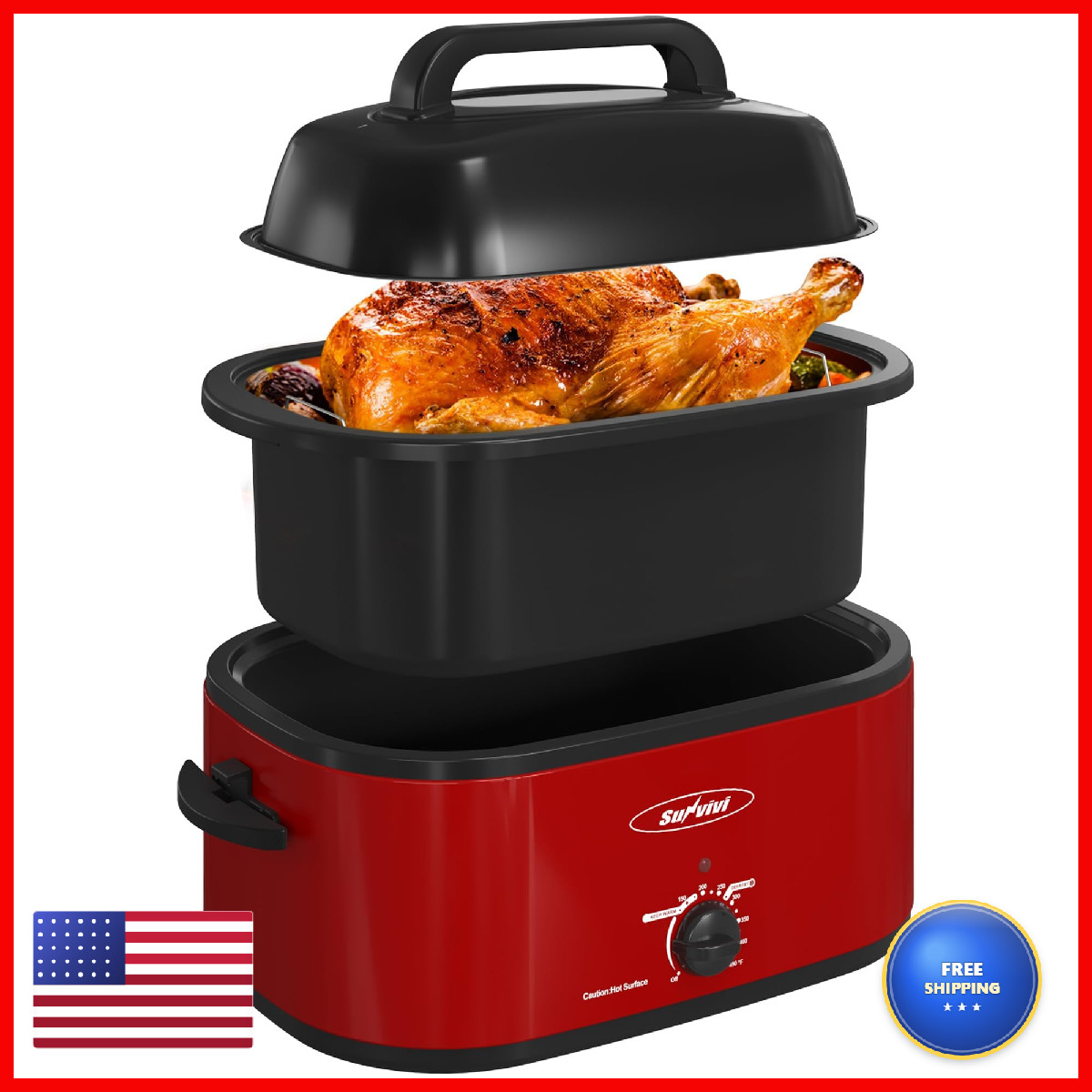 Sunvivi 22 Quart Electric Roaster Oven Turkey Roaster Lid Electric Roasters