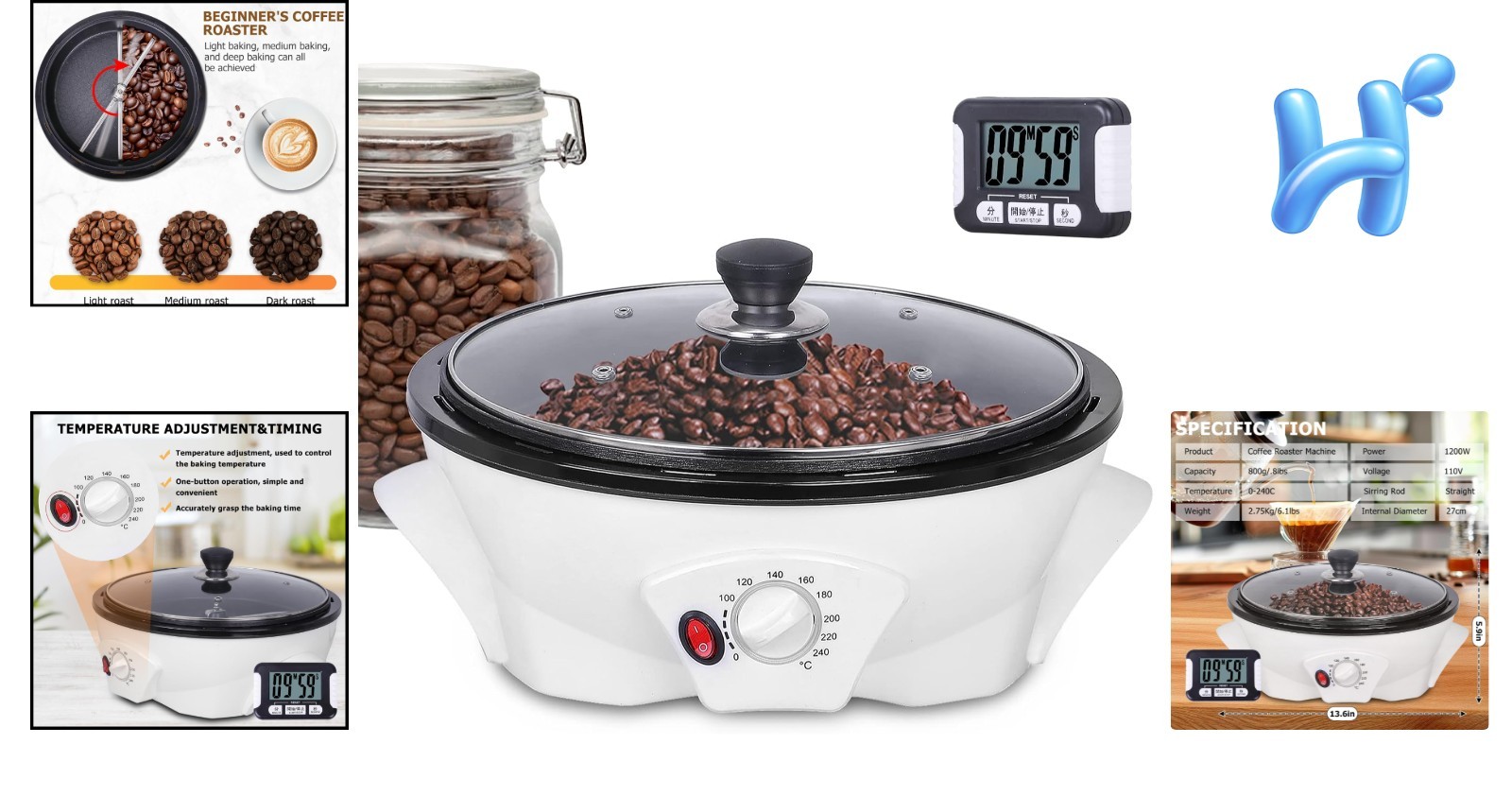 Electric Coffee Bean Roaster Machine 1.1lb Capacity Adjustable Timer Kitchen …