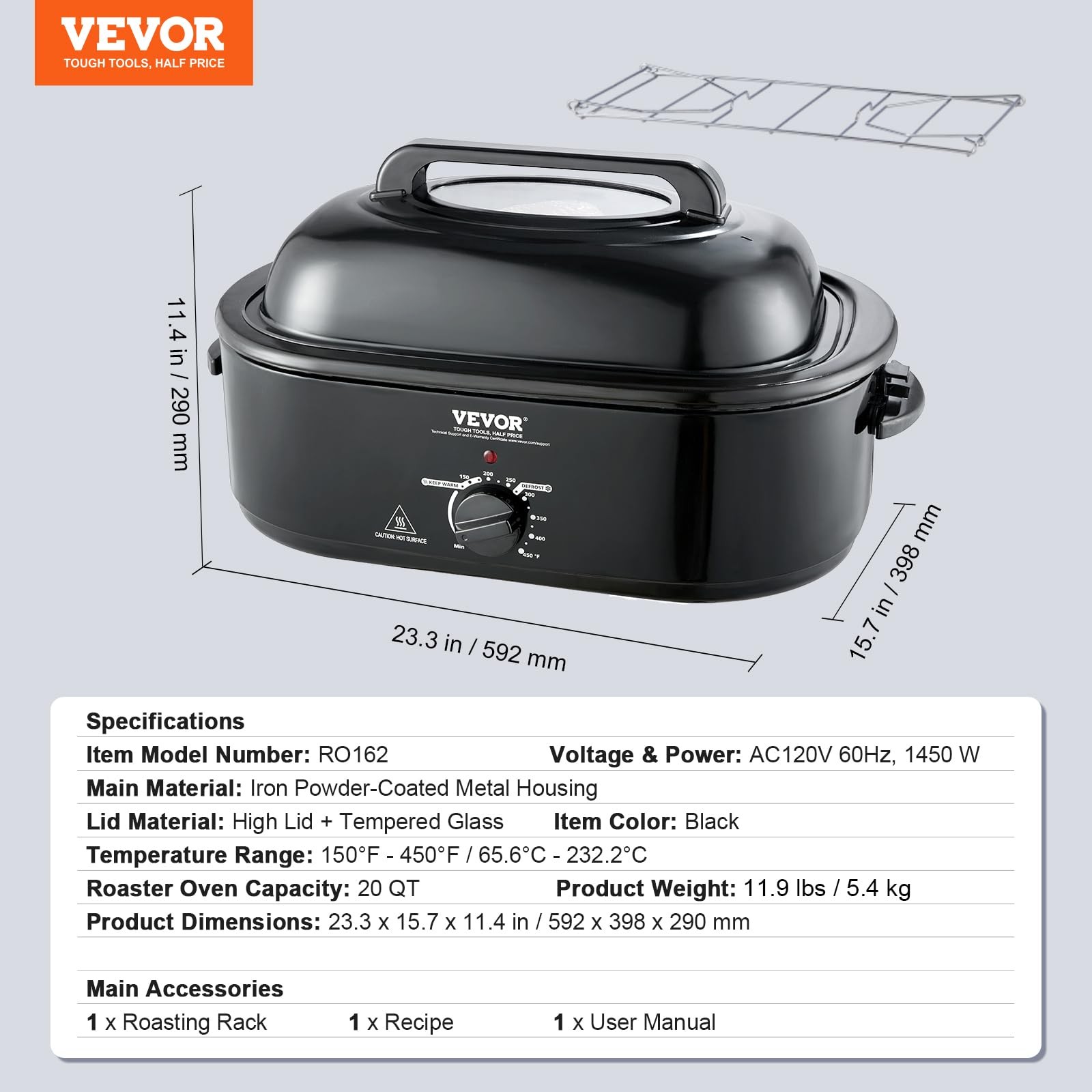 Vevor Electric Roaster Oven 20 Qt Turkey Roaster Self-Basting Lid 1450W Roaster