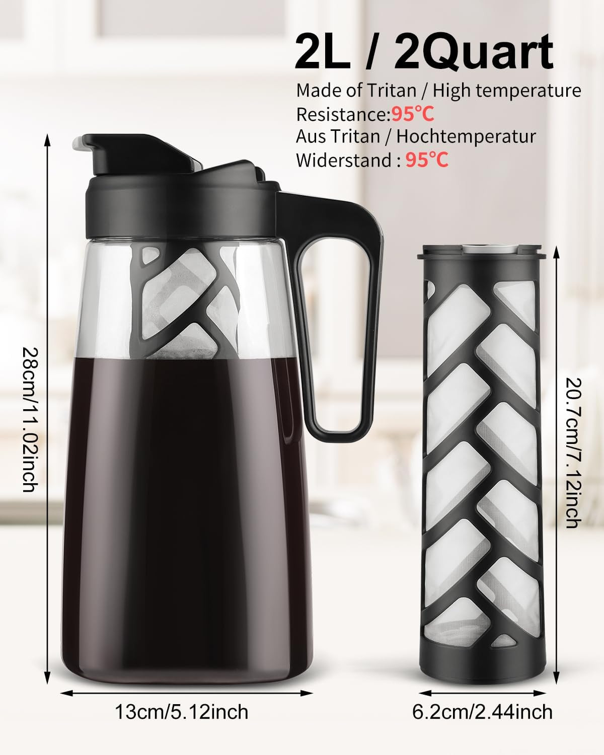 Large Ice Cold Coffee Maker 64 Oz, Dishwasher Safty Traitan Carafe Pitcher Leak