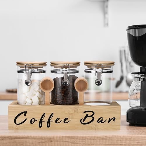 3 x 54 oz Glass Coffee Bean Storage Container with Shelf 3PCS Glass Wood