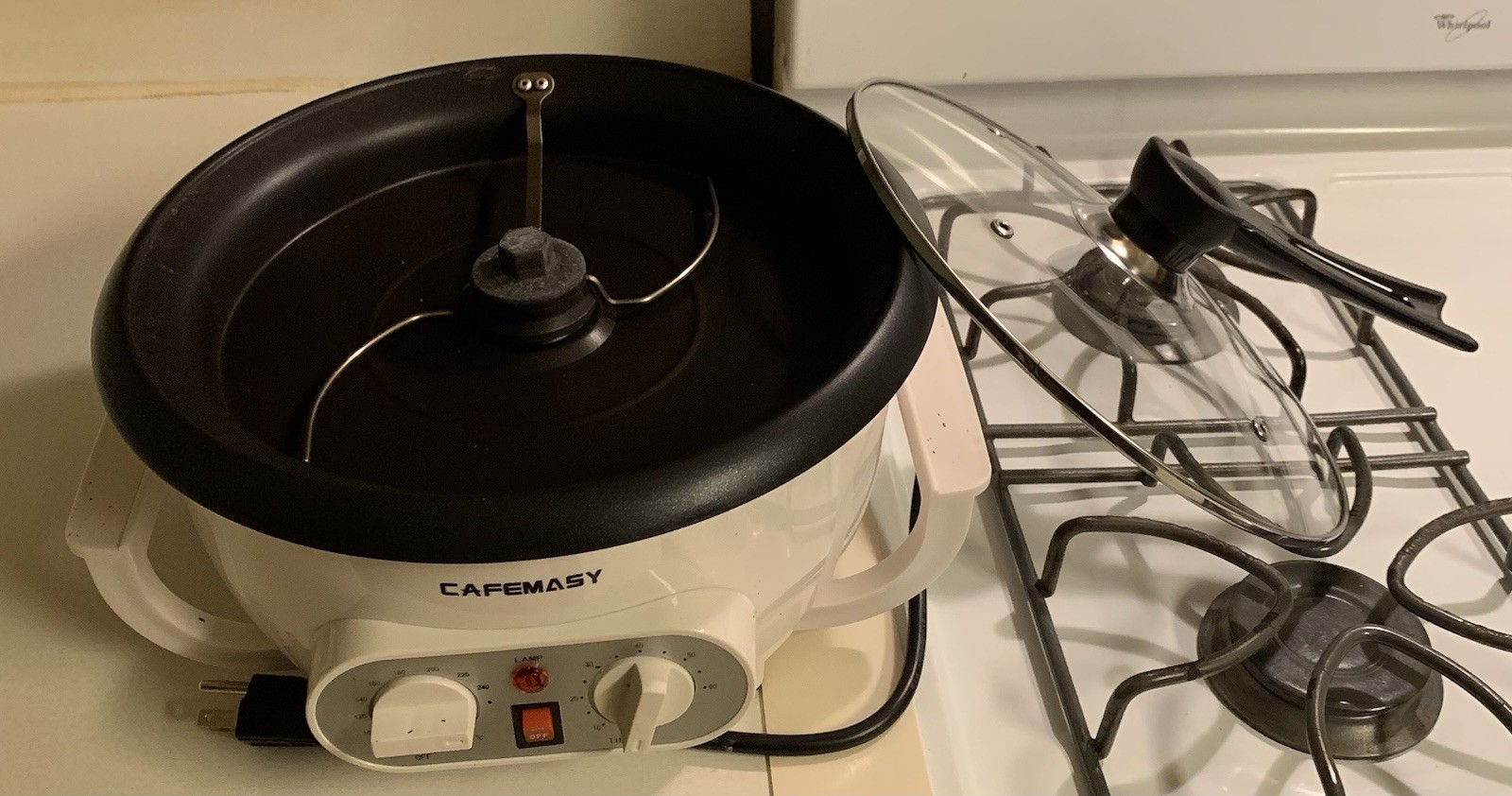CAFEMASY Electric Drum Coffee Roaster White/Black 250g Timer 1200W Glass Lid