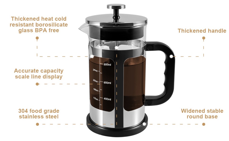 French Pr Coffee Tea Maker, Upgrade Heat Cold Resistant Thiened Glass