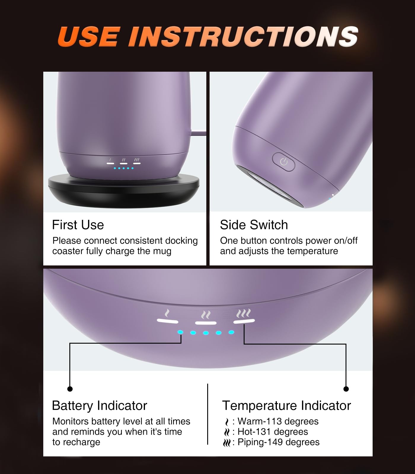 Kepwam Self Heating Coffee Mug T2, 16oz Smart Heated 16oz, Lilac Violet