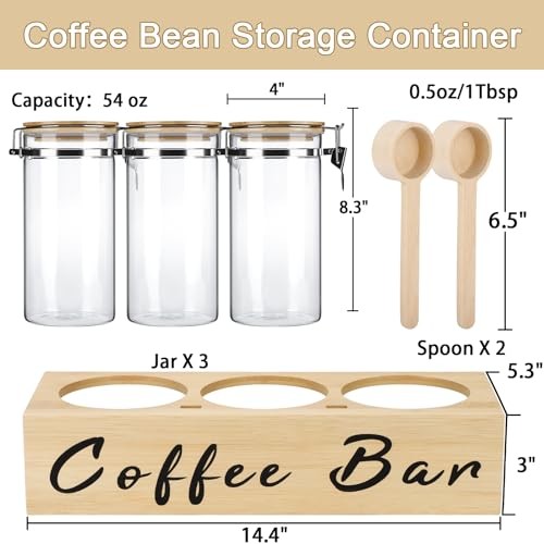 3 x 54 oz Glass Coffee Bean Storage Container with Shelf 3PCS Glass Wood