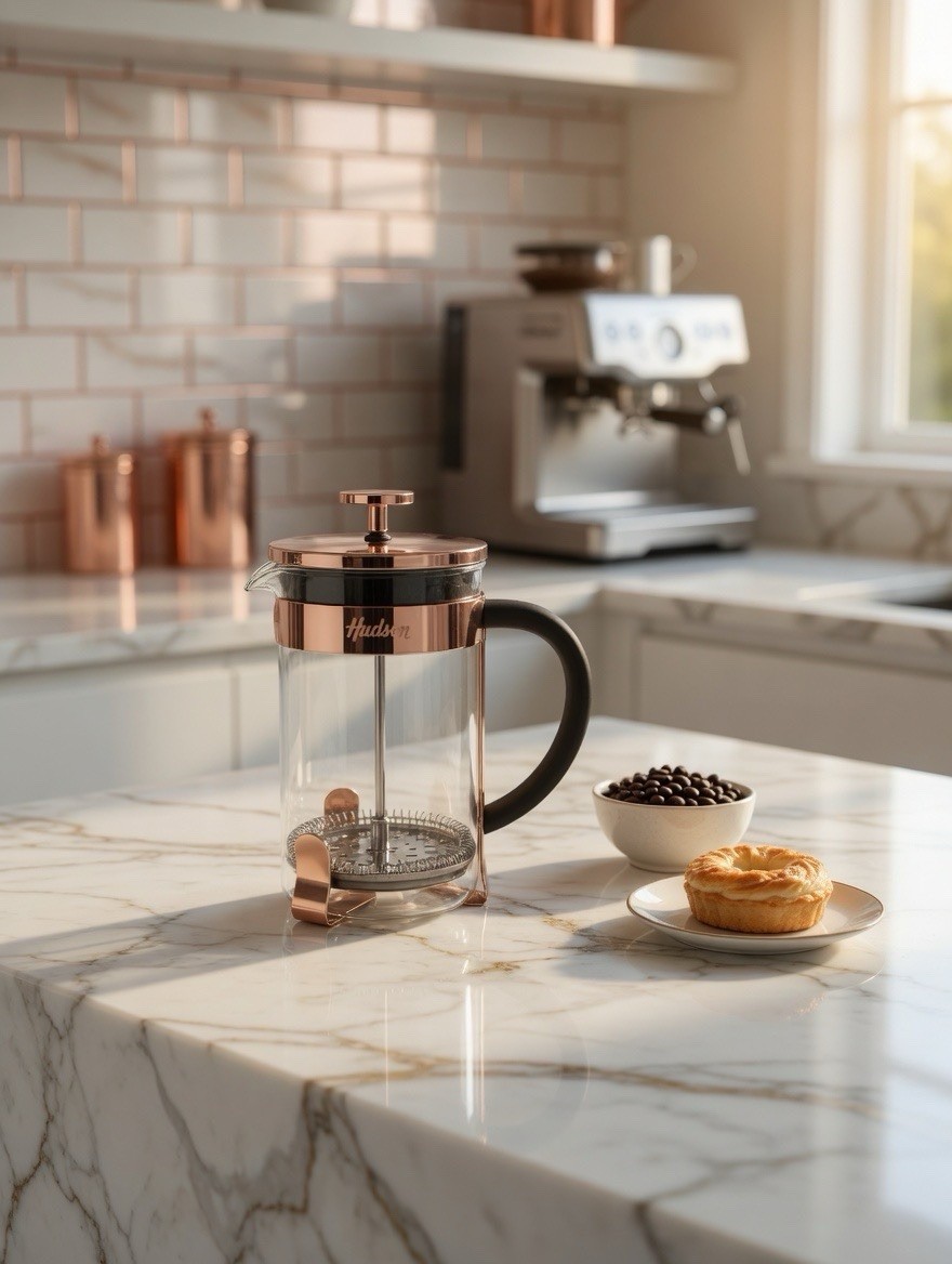 Hudson Glass French Press Coffee Maker – Copper Stainless Steel – 34 oz