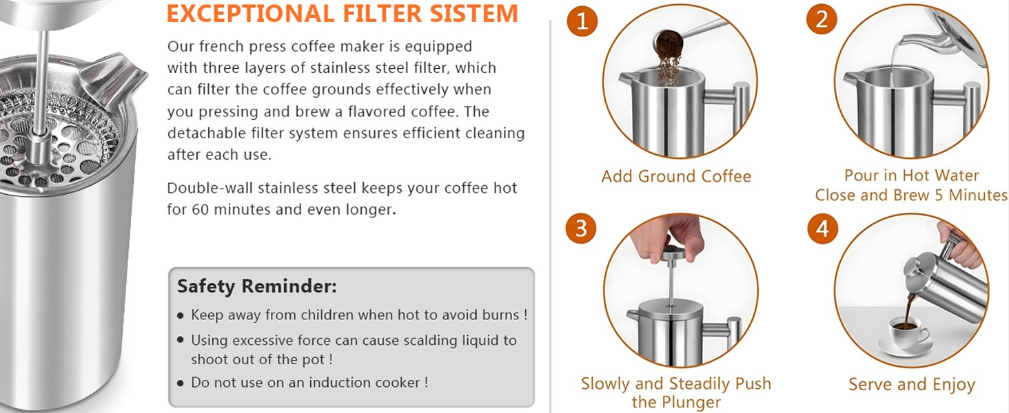 Small French Pr Stainl Steel Coffee Maker 21oz(3 Cups), Double Wall