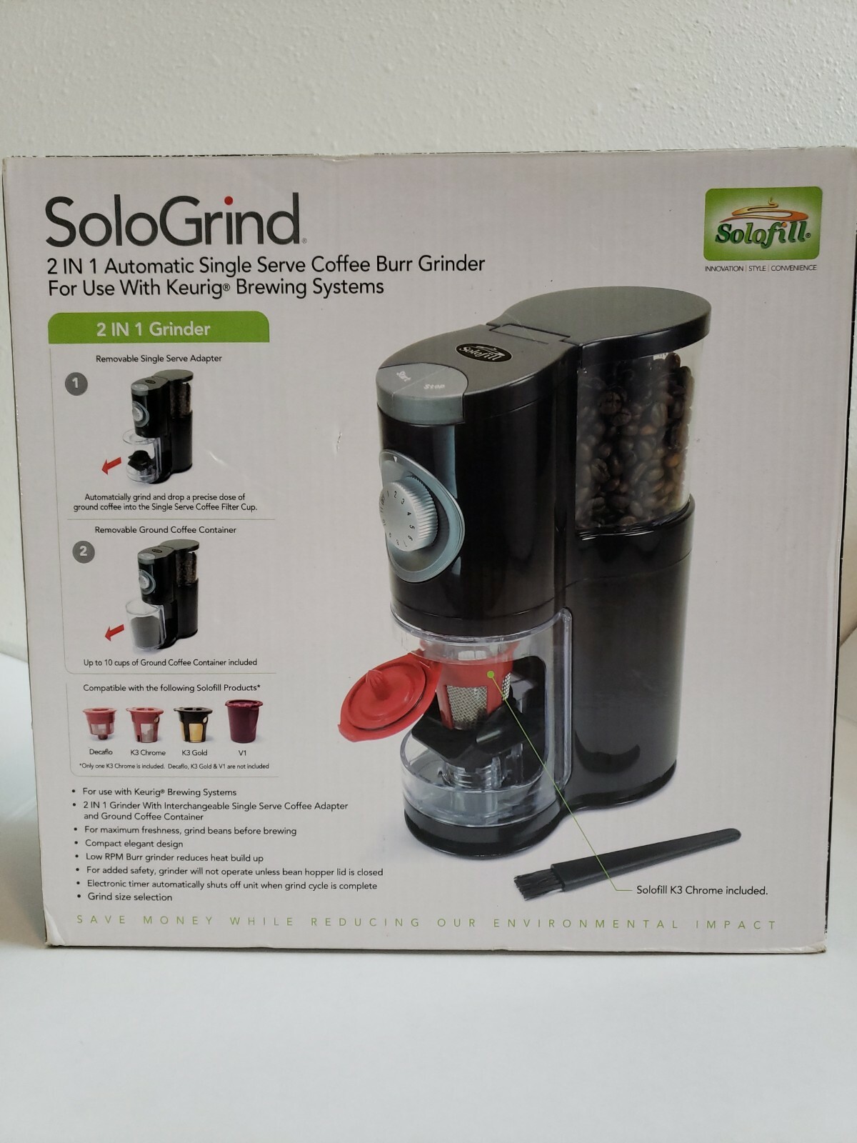Solo Grind 2 In 1 Automatic Single Serve Coffee Burr Grinder For Use w/Keurig