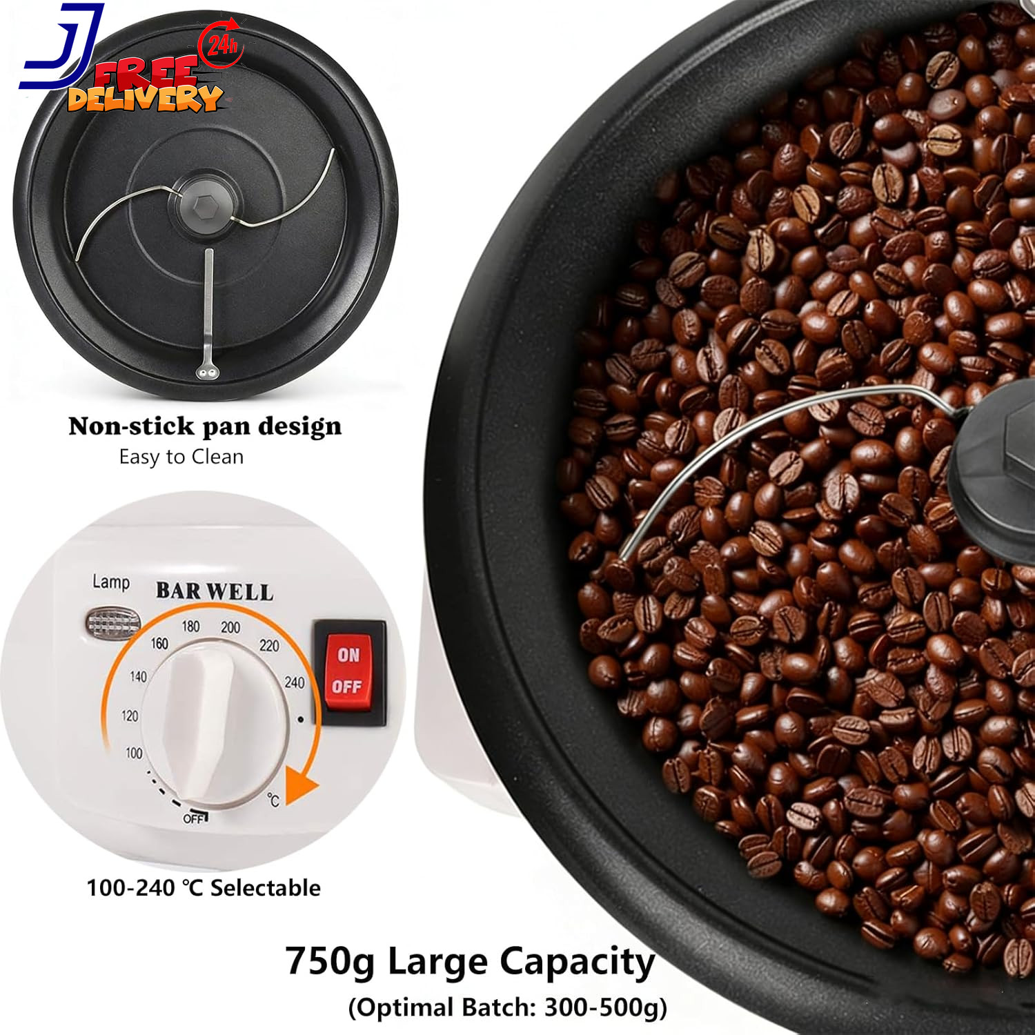 Electric Home Coffee Roaster Adjustable Temp 1.6 lbs Capacity Smoke Reduced