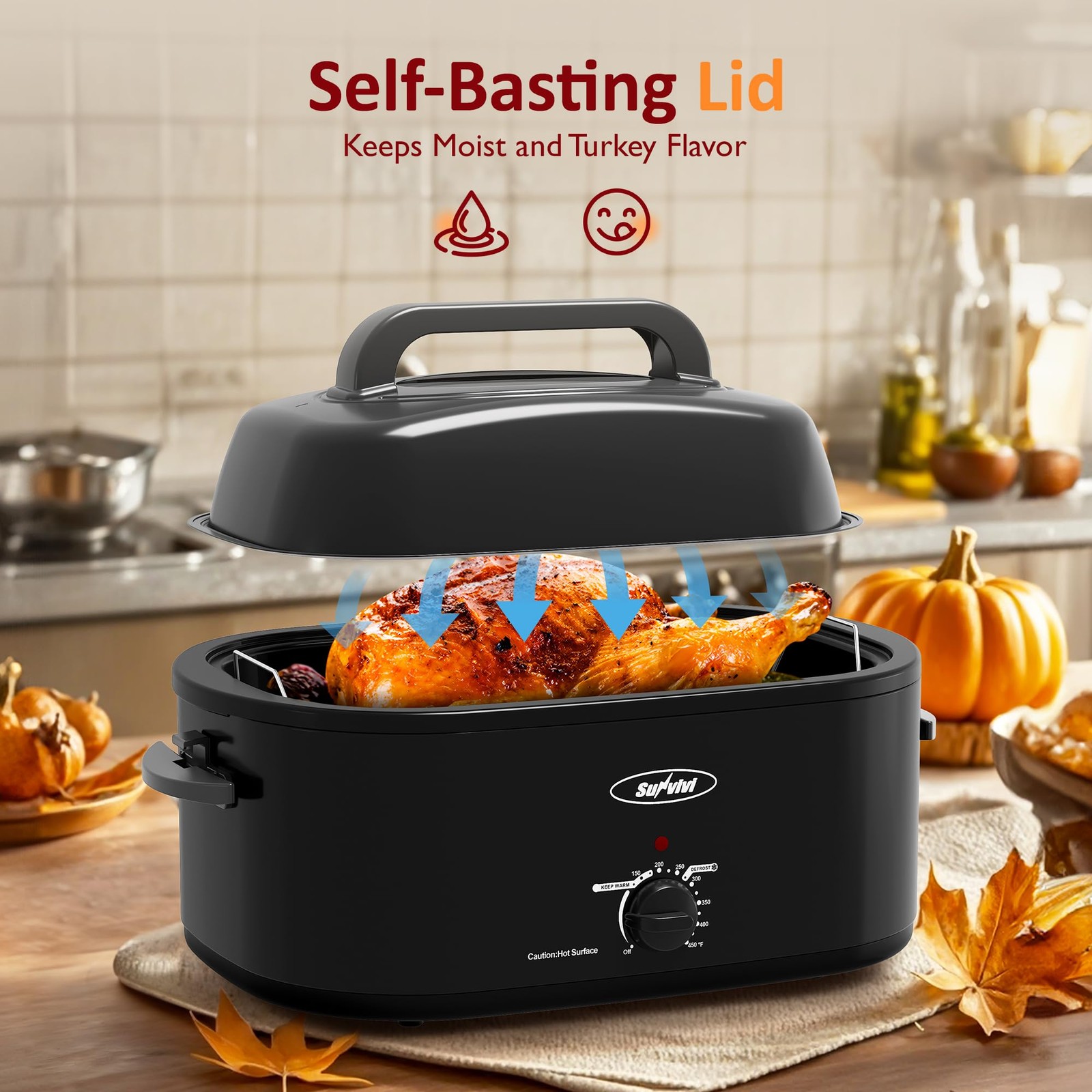 Sunvivi Electric Roaster Oven28 Quart Roasting Oven Self-Basting Lid Removable