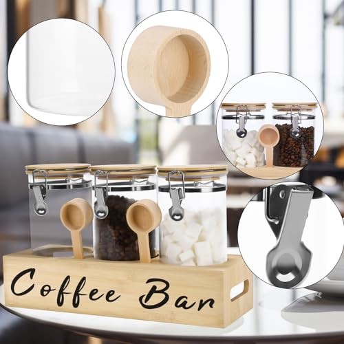 3 x 54 oz Glass Coffee Bean Storage Container with Shelf 3PCS Glass Wood