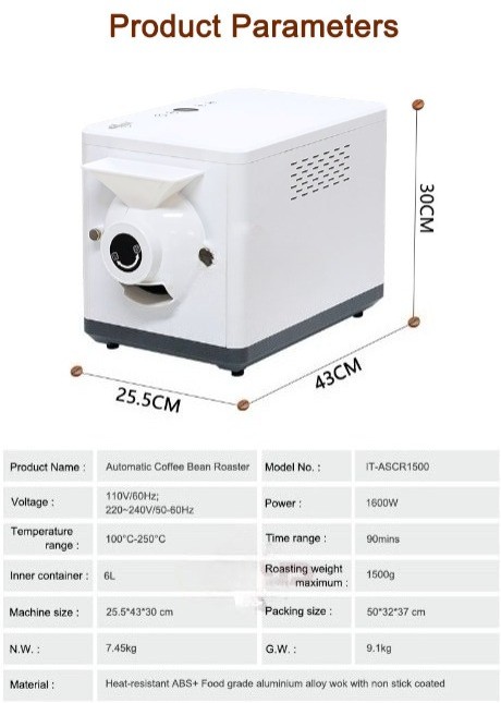 110V/220V Commercial Small 1500g Baking Capacity Silent Motor Coffee Roaster