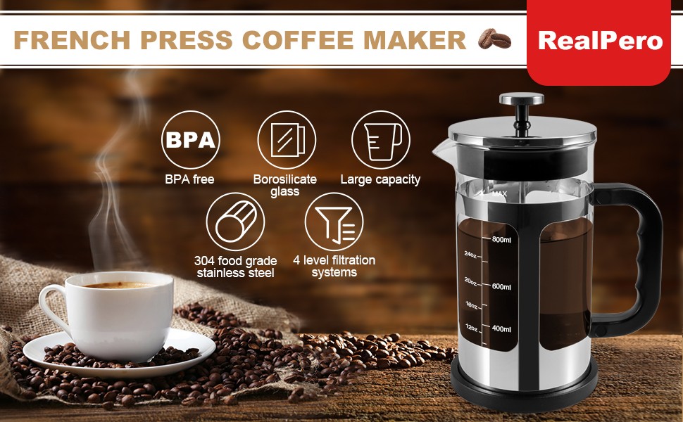 French Pr Coffee Tea Maker, Upgrade Heat Cold Resistant Thiened Glass