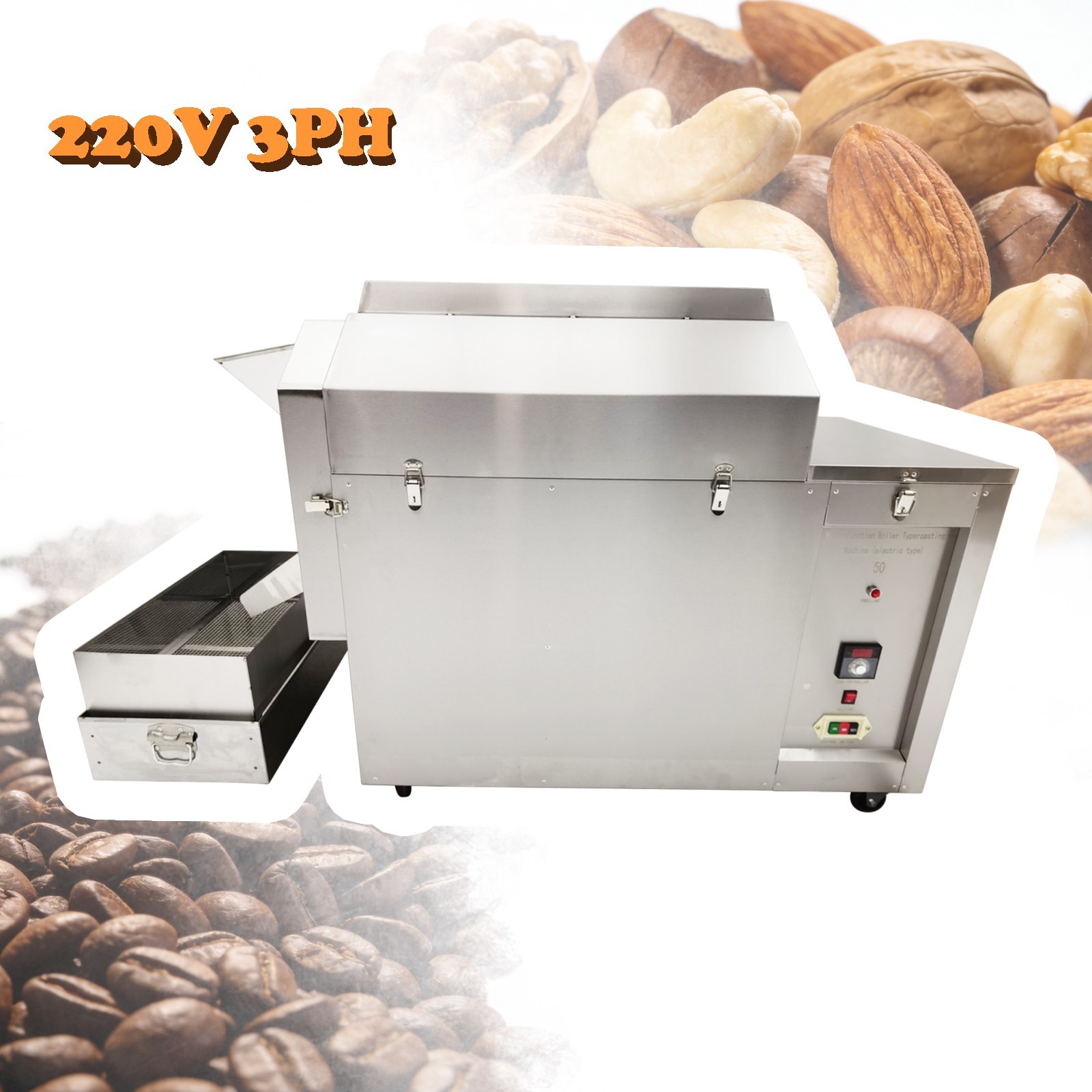 220V 3PH Coffee Bean Nut Drum Roasting Machine 6.5KW 25KG Auto Coffee Roaster