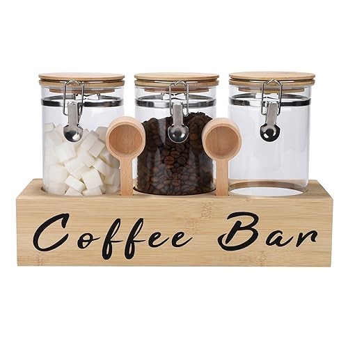 3 x 54 oz Glass Coffee Bean Storage Container with Shelf 3PCS Glass Wood