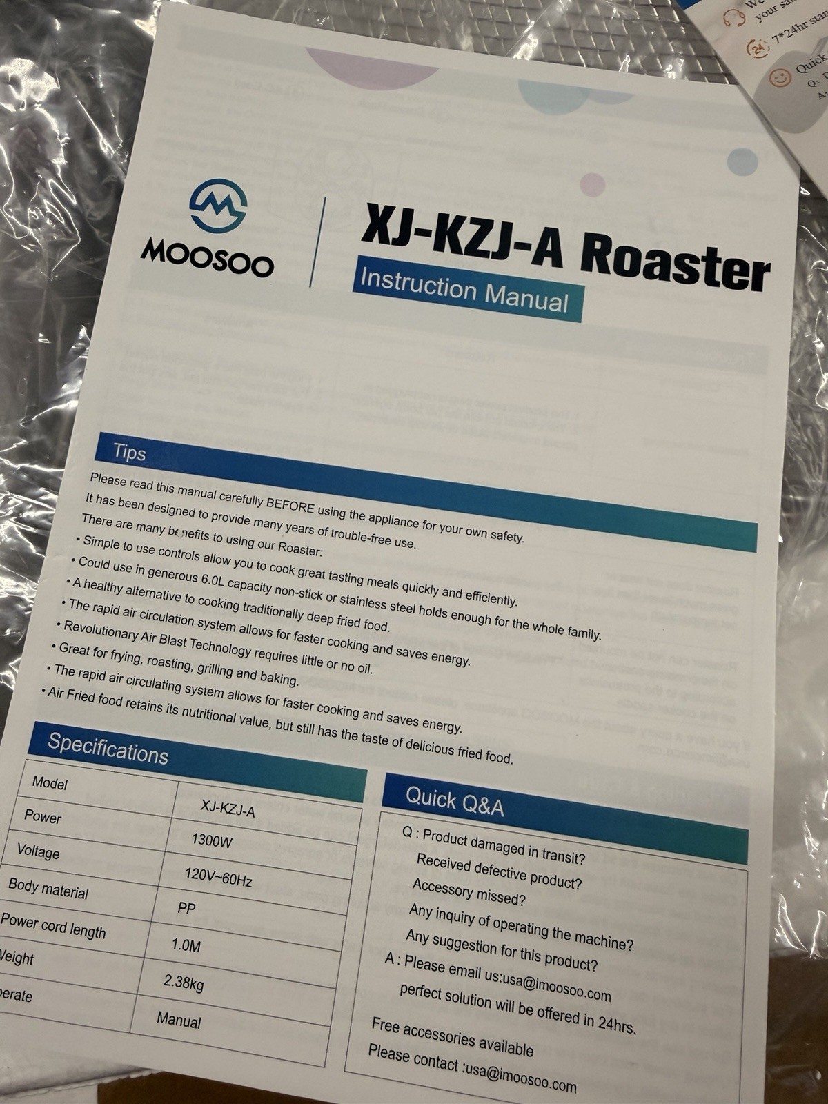 LID MOOSOO XJ-KZJ-A Air Coffee Roaster Black 1300W 120V PP + Instruction Manual