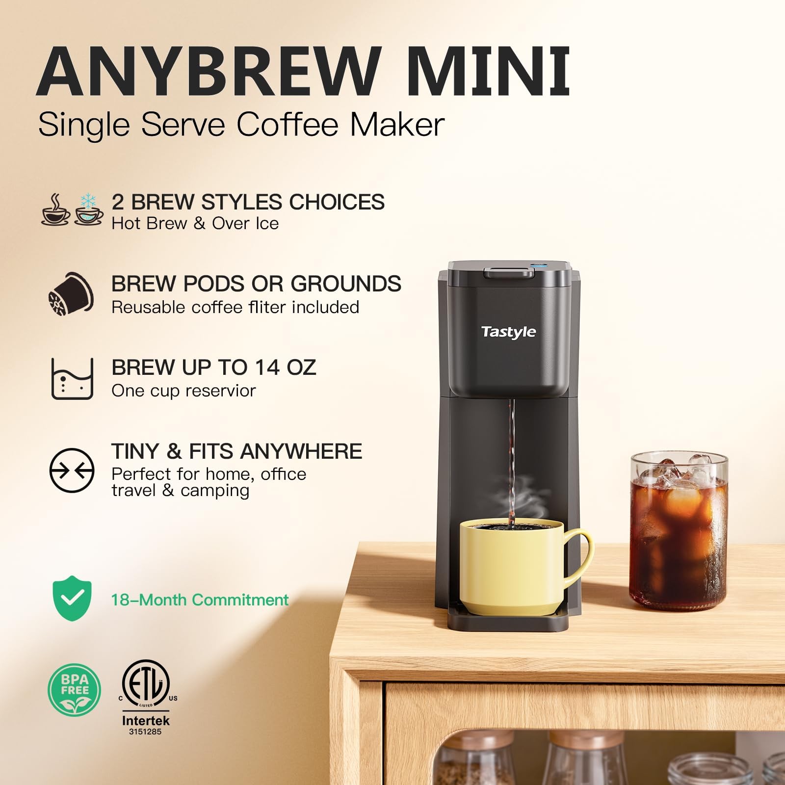 Tastyle Mini Hot and Iced Coffee Maker Single Serve, for K Cup Classic Black