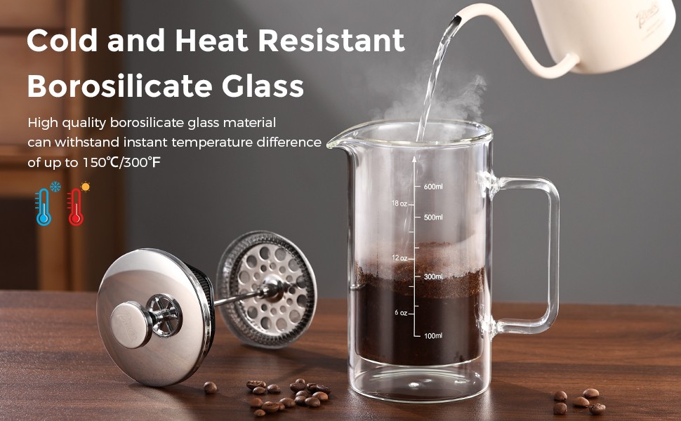 French Pr Coffee Maker 600ML,Double Wall Insulated Borolicate