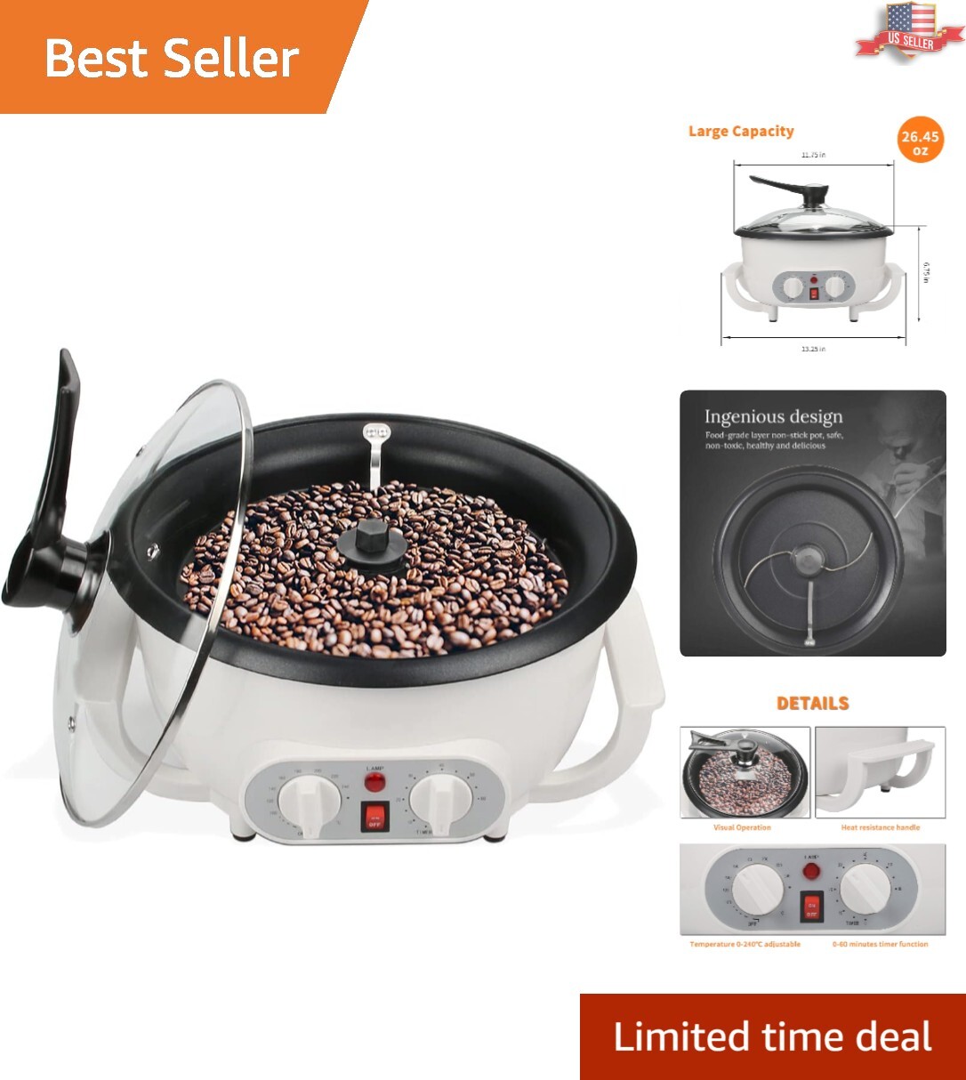 Multi-Function Coffee Bean Roaster: Roast Peanuts, Chestnuts & More, 110V 1200W