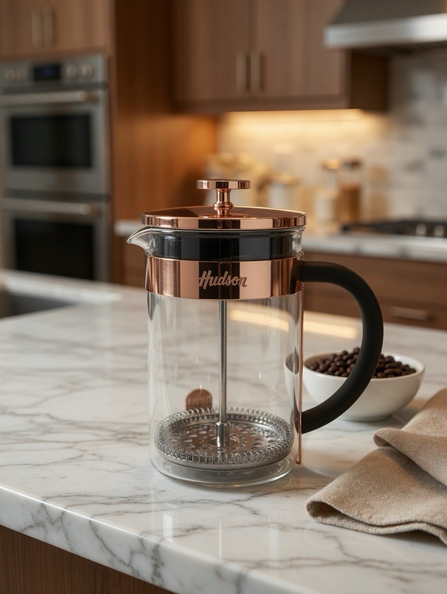 Hudson Glass French Press Coffee Maker – Copper Stainless Steel – 34 oz
