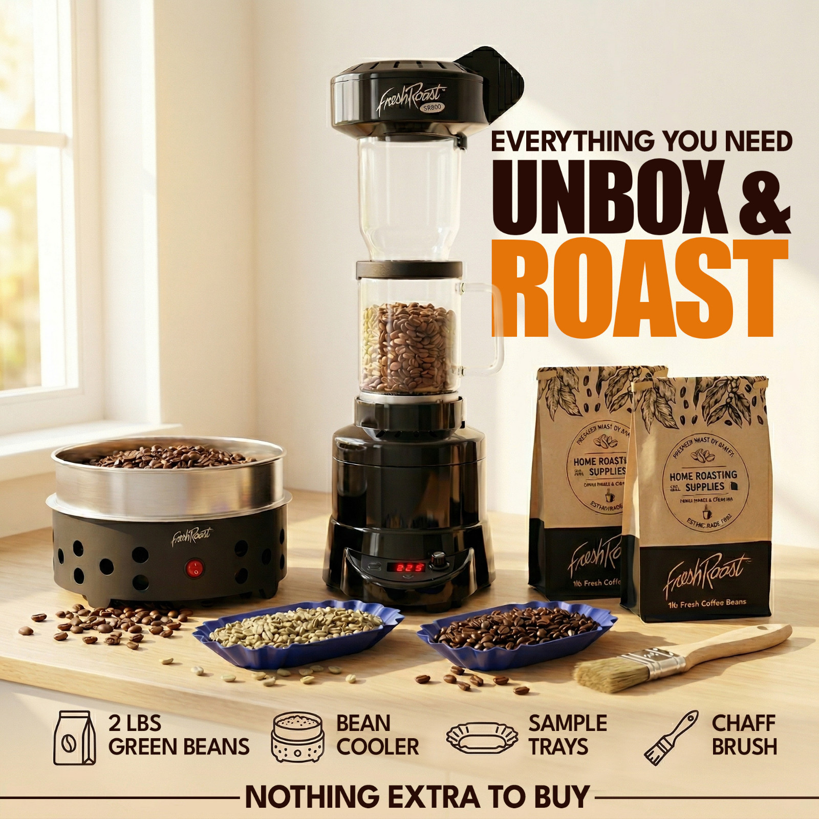Fresh Roast SR800 Coffee Roaster Bundle w/ EXT Tube, Bean Cooler, and Bean Pack
