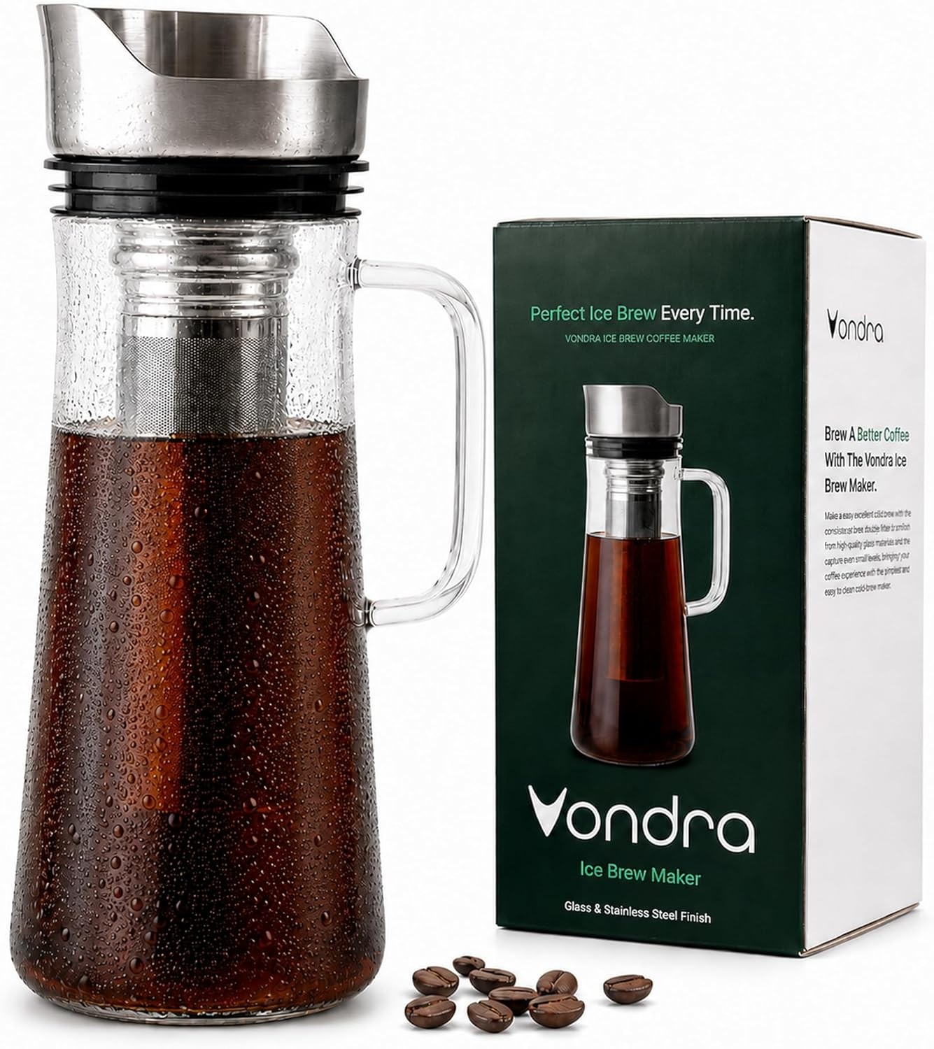 Cold Brew Coffee Maker, 32 oz Glass Pitcher with Lid, Iced Coffee Brewer &