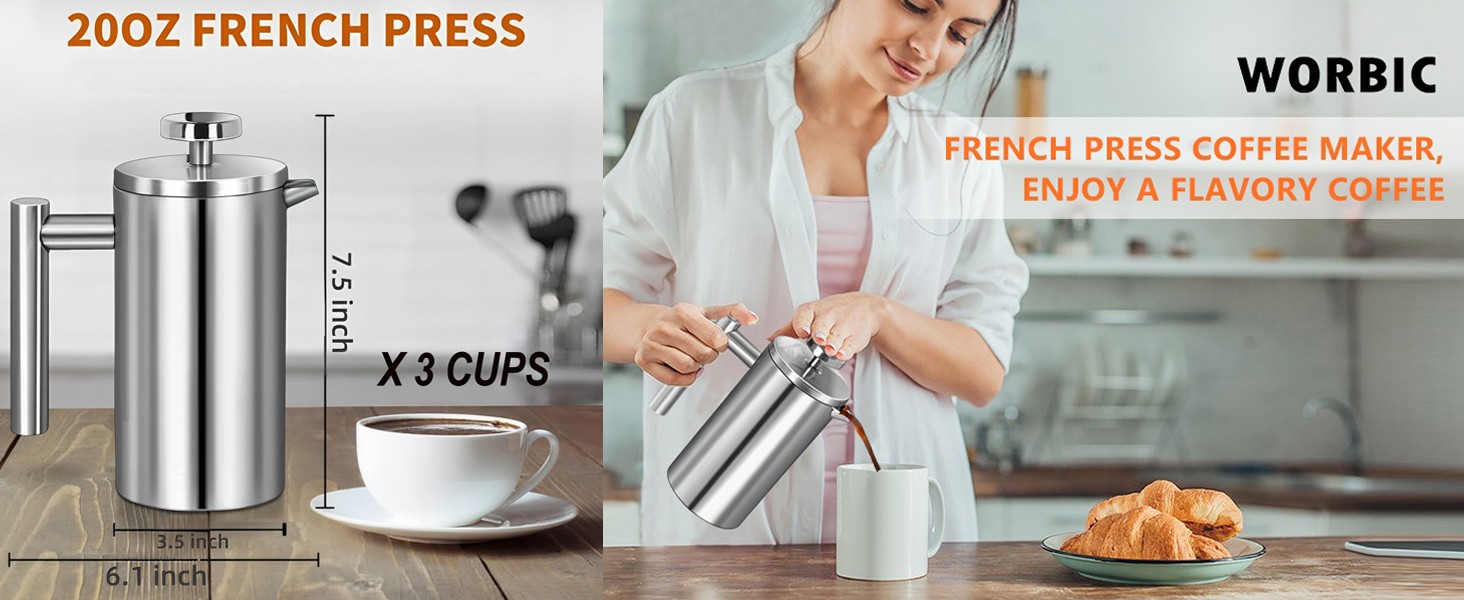 Small French Pr Stainl Steel Coffee Maker 21oz(3 Cups), Double Wall