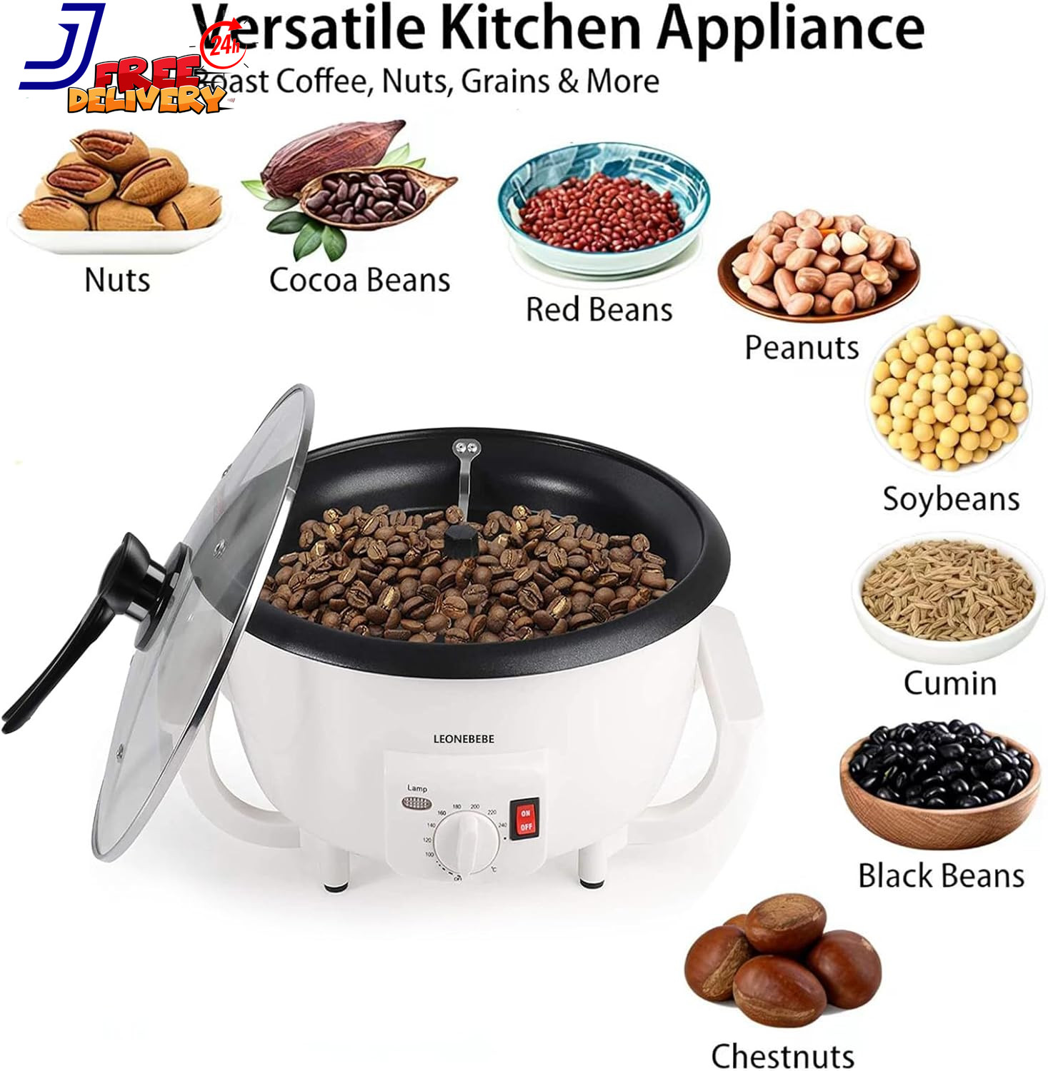 Electric Home Coffee Roaster Adjustable Temp 1.6 lbs Capacity Smoke Reduced