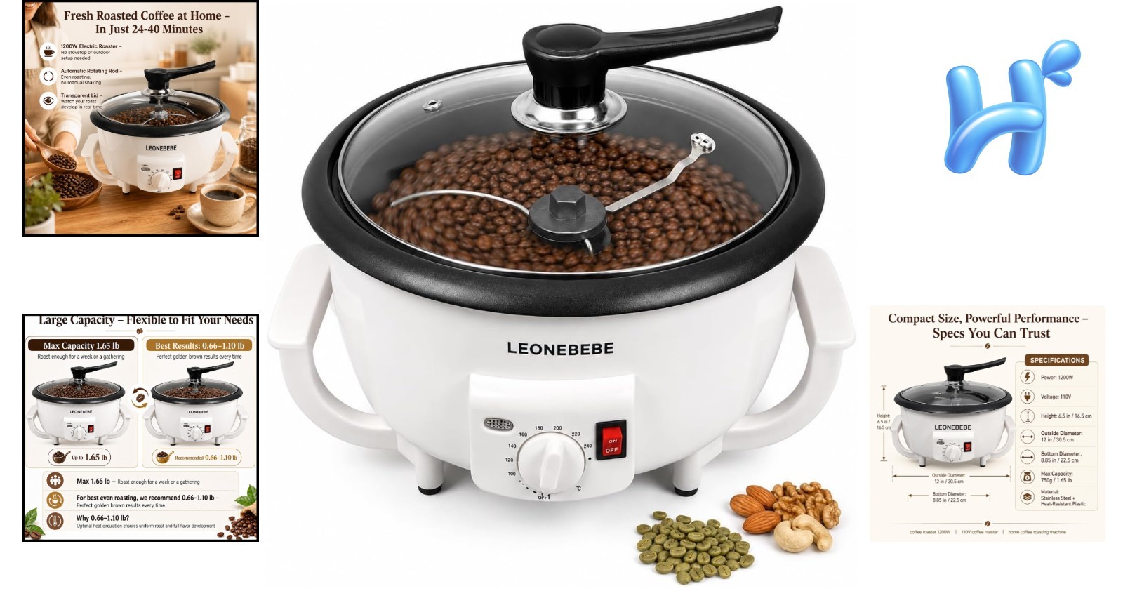 Home Coffee Roaster Compact 0.75Kg Stainless Steel Electric No Smoke Kitchen