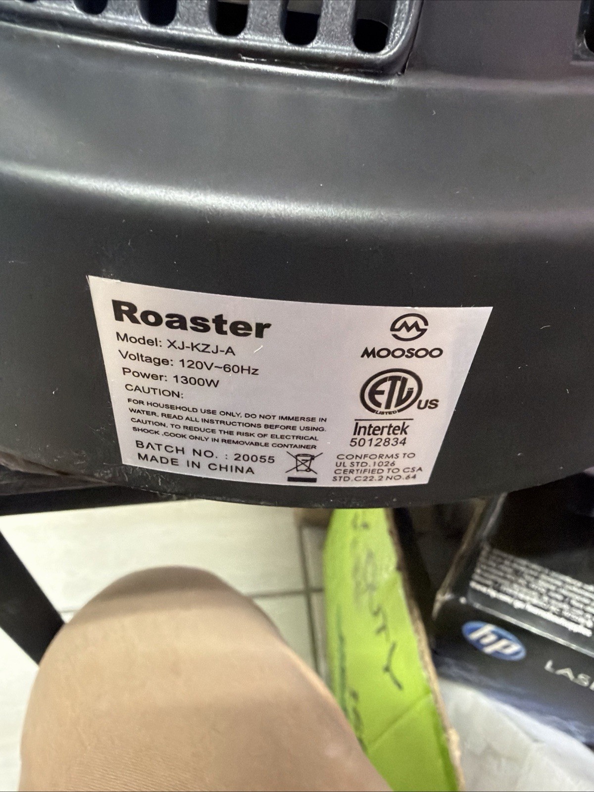 LID MOOSOO XJ-KZJ-A Air Coffee Roaster Black 1300W 120V PP + Instruction Manual