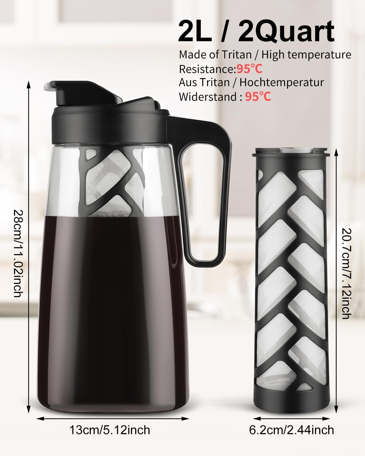 Large Ice Cold Coffee Maker 64 oz Dishwasher Safty Traitan Carafe Pitcher Leak