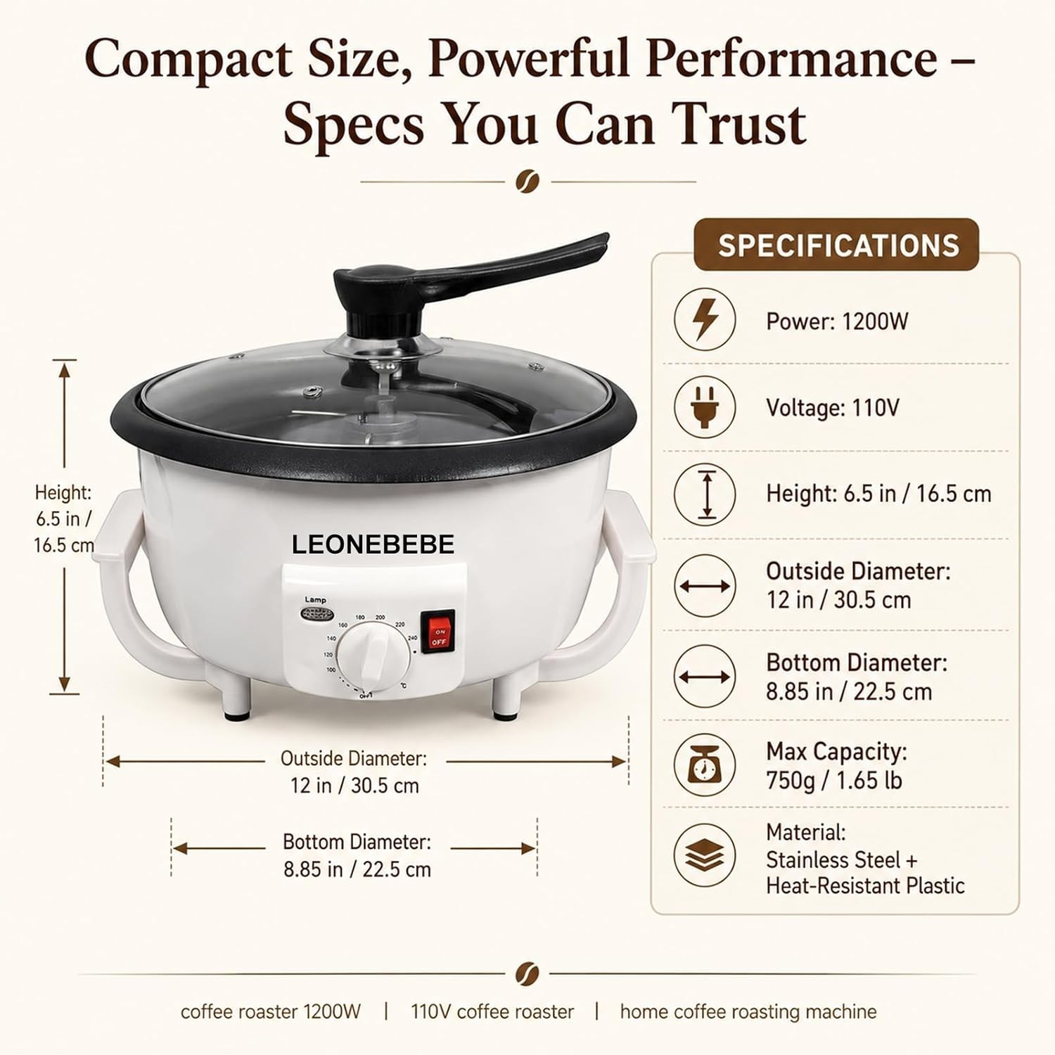 Home Coffee Roaster Compact 0.75Kg Stainless Steel Electric No Smoke Kitchen