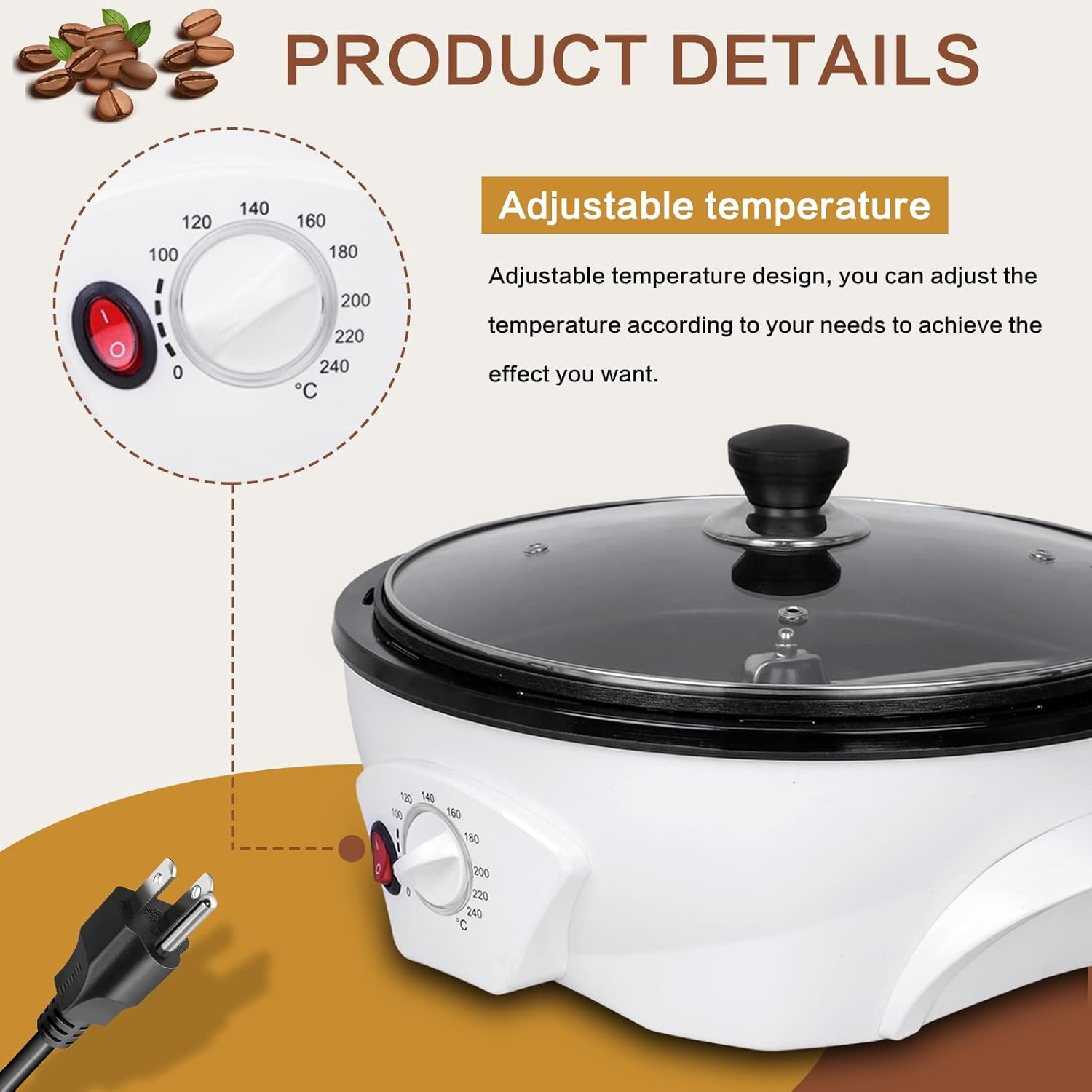 Electric Coffee Bean Roaster for Home Use 1.1Lb Capacity Temperature Control (0-