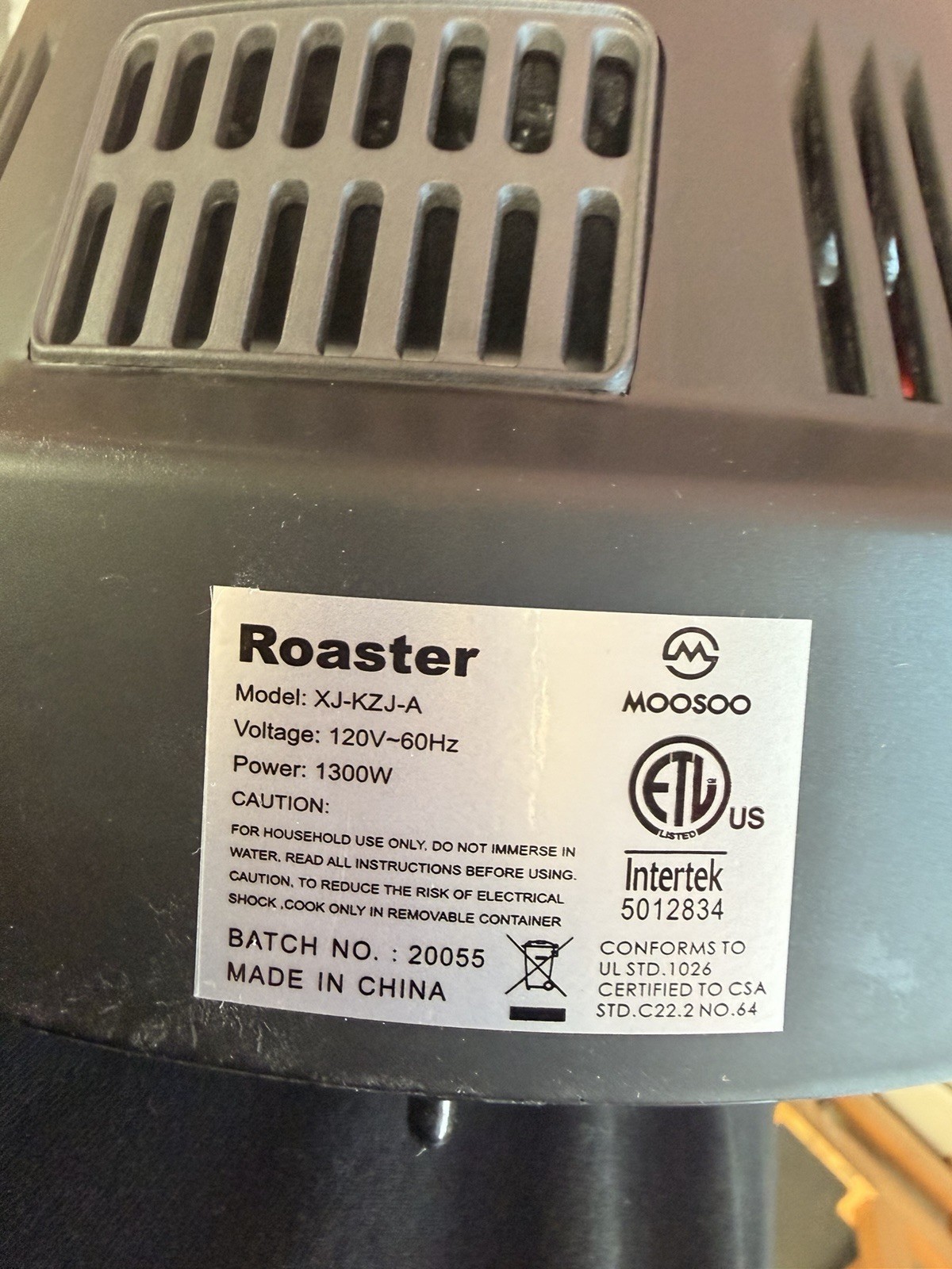 LID MOOSOO XJ-KZJ-A Air Coffee Roaster Black 1300W 120V PP + Instruction Manual