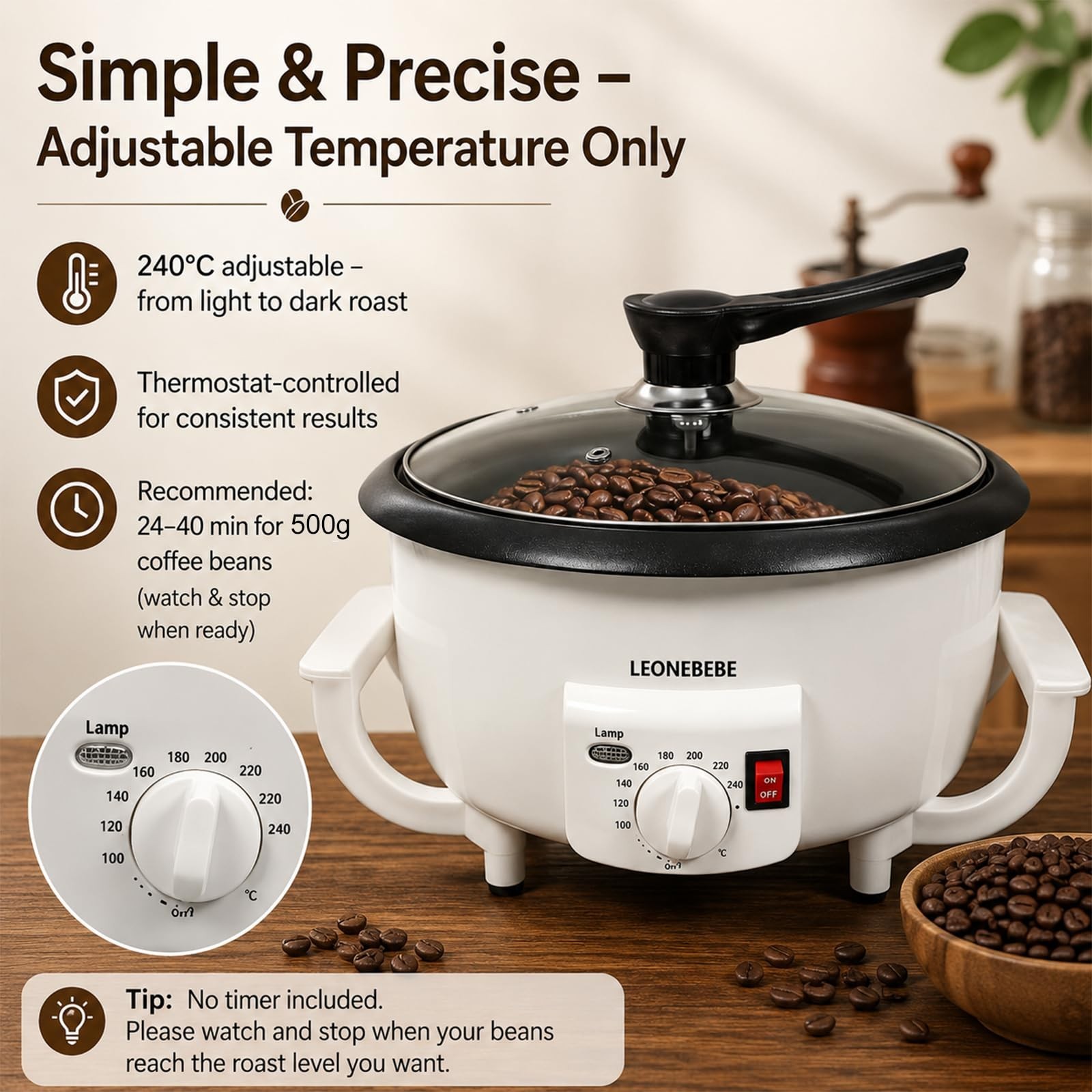 Electric Coffee Bean Roaster Machine – 1.6lb Capacity for Nuts & Chestnuts, Begi