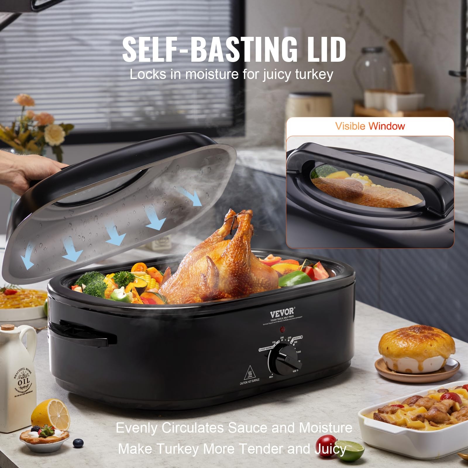 Vevor Electric Roaster Oven 20 Qt Turkey Roaster Self-Basting Lid 1450W Roaster