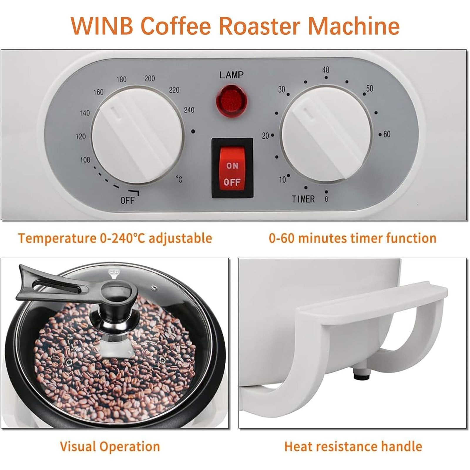 WINB Home Coffee Bean Roaster 110V 1200W 0.75kg Timer 240°C