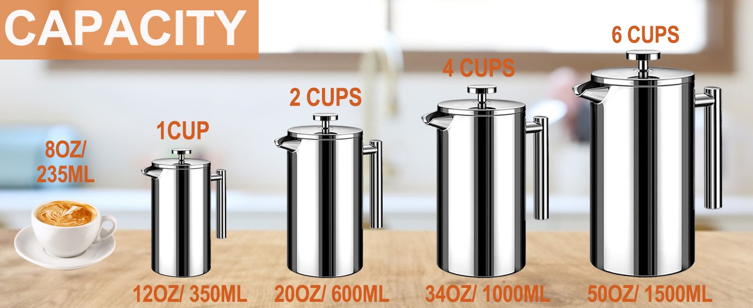 Small French Pr Stainl Steel Coffee Maker 21oz(3 Cups), Double Wall