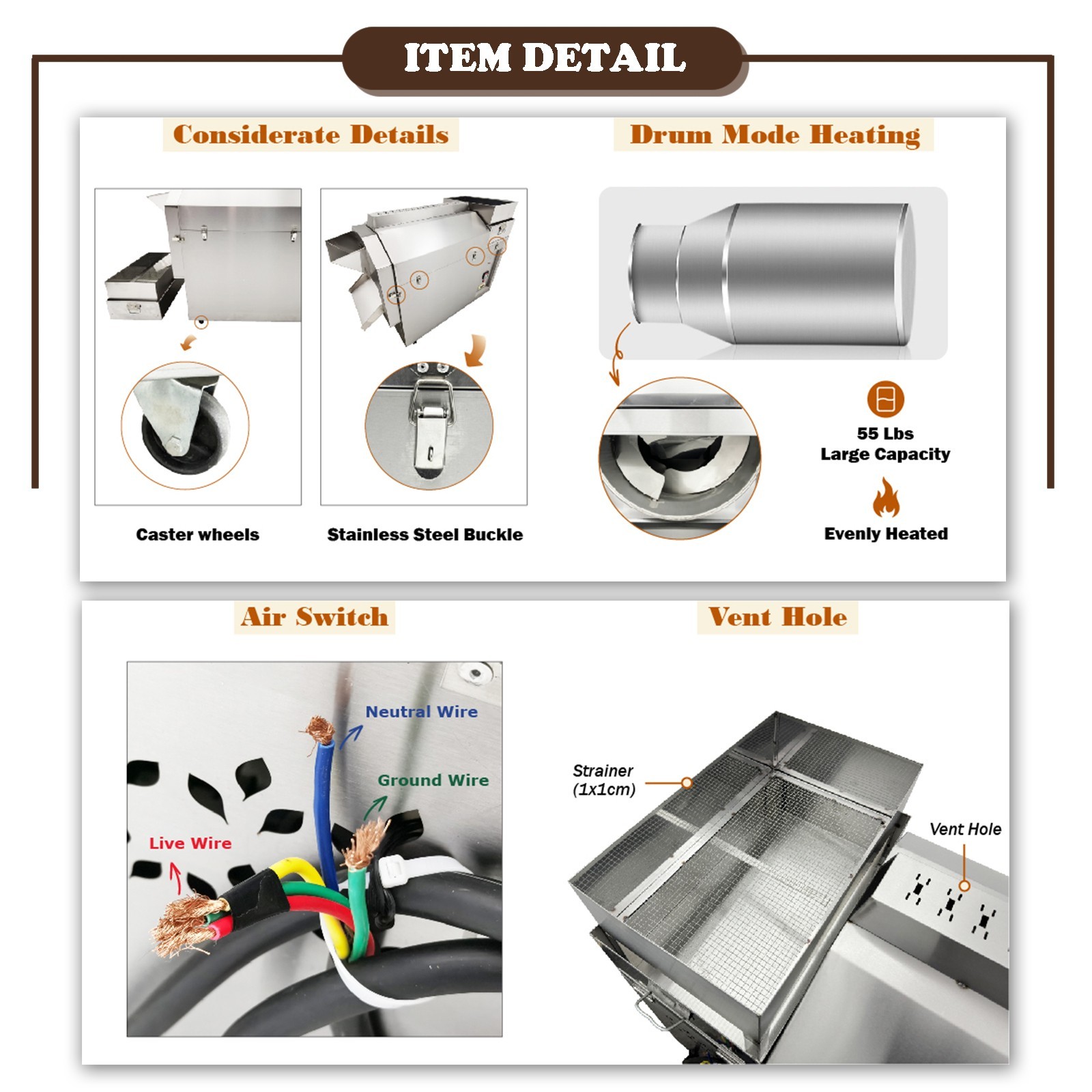 220V 3PH Coffee Bean Nut Drum Roasting Machine 6.5KW 25KG Auto Coffee Roaster