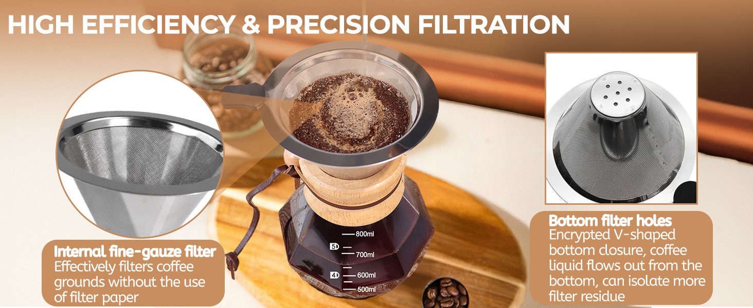 Pour Over Coffee Maker 800ml with 304 Stainl Steel Wooden Collar