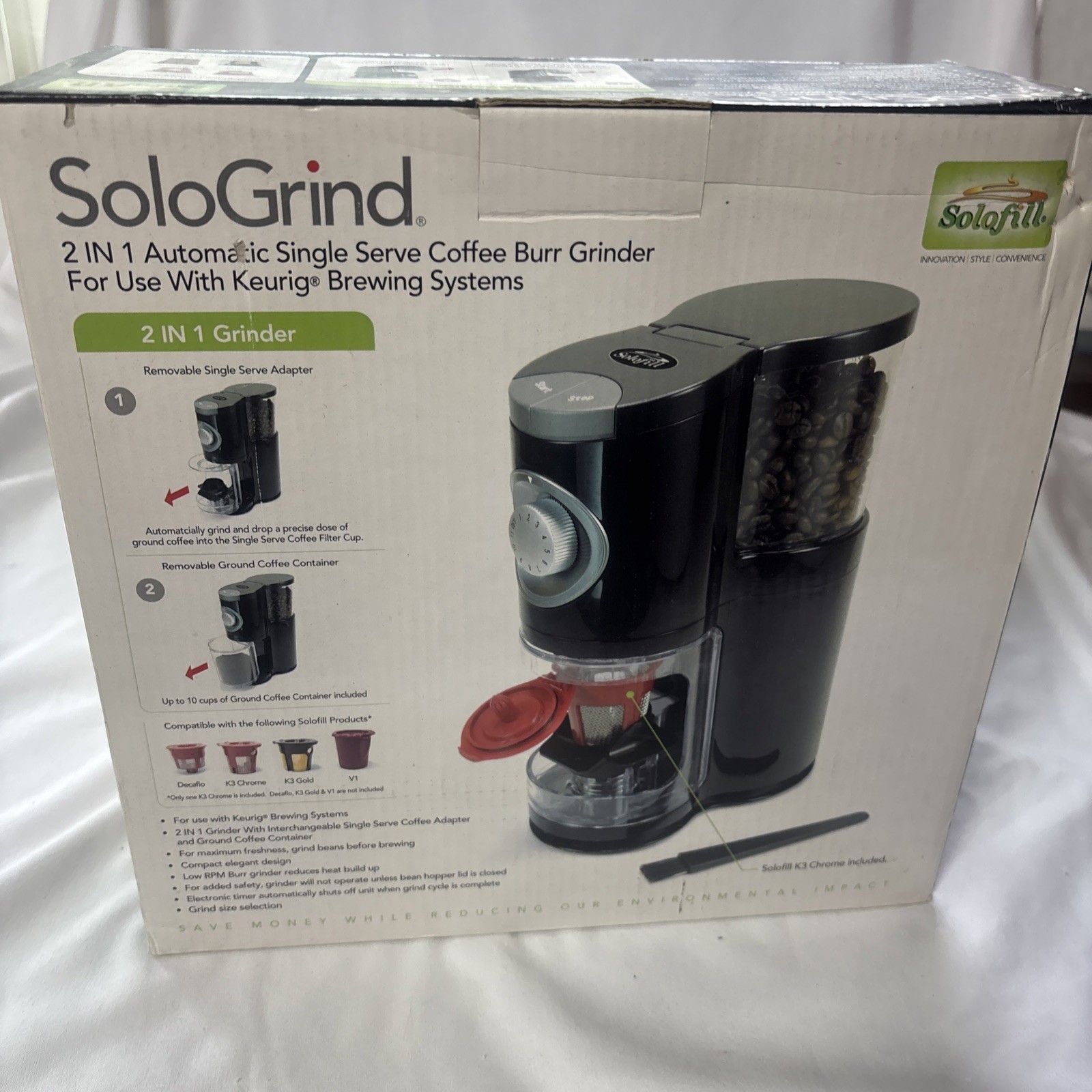 New! Solofill SoloGrind 2-in-1 Automatic Single Serve Coffee Burr Grinder Keurig