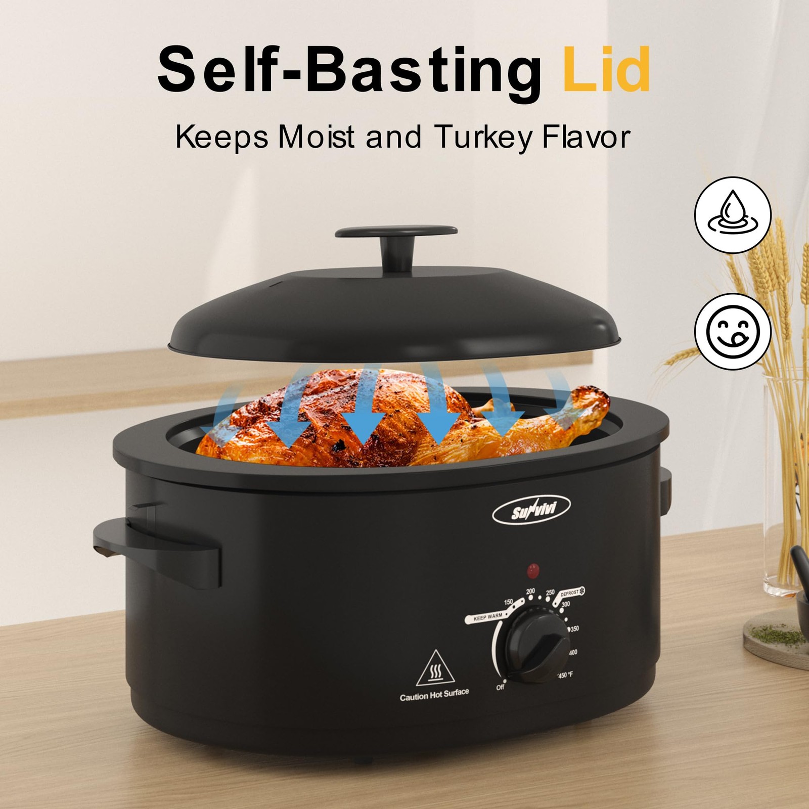 Sunvivi 8-Qt Electric Roaster Oven, Self-Basting Lid, Turkey & Roasts