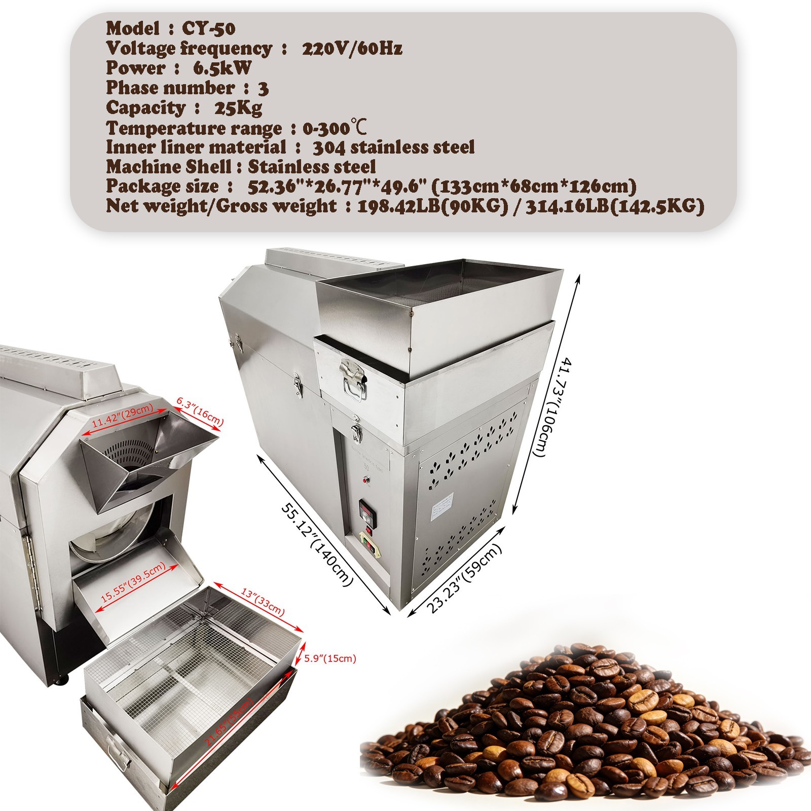 220V 3PH Coffee Bean Nut Drum Roasting Machine 6.5KW 25KG Auto Coffee Roaster