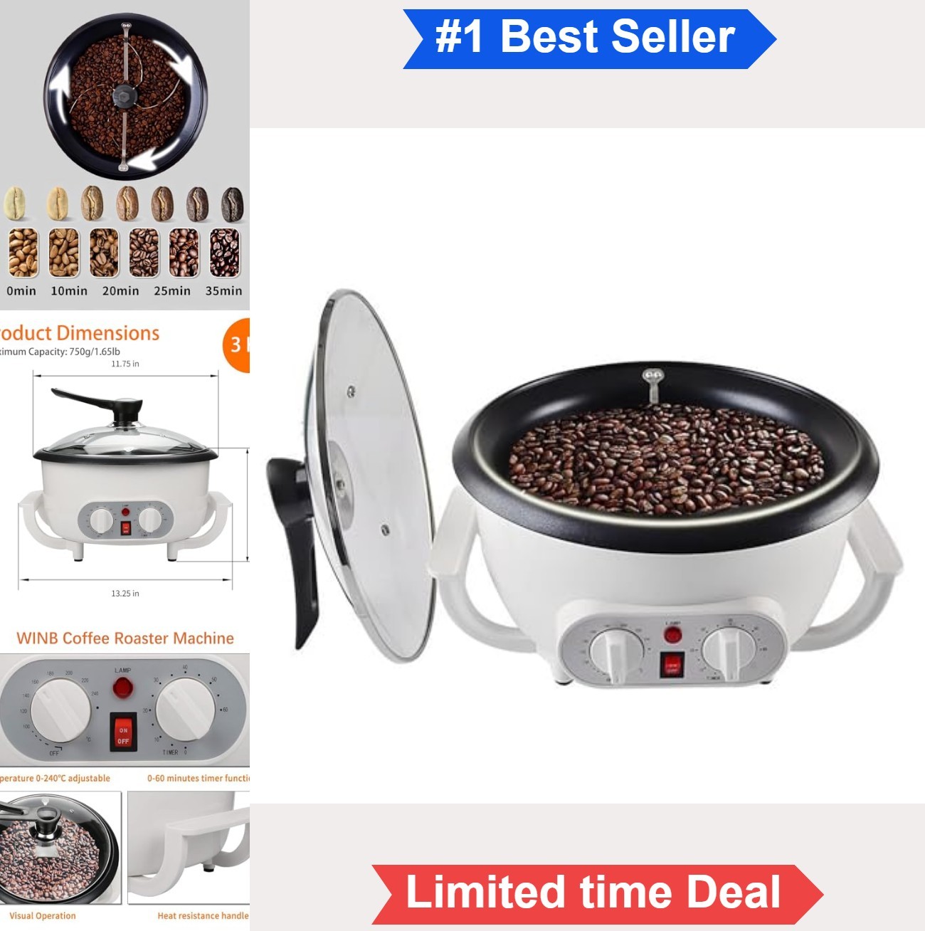 Coffee Roaster Machine 110V Adjustable Temperature Timer 1.7 Lb Capacity Beans